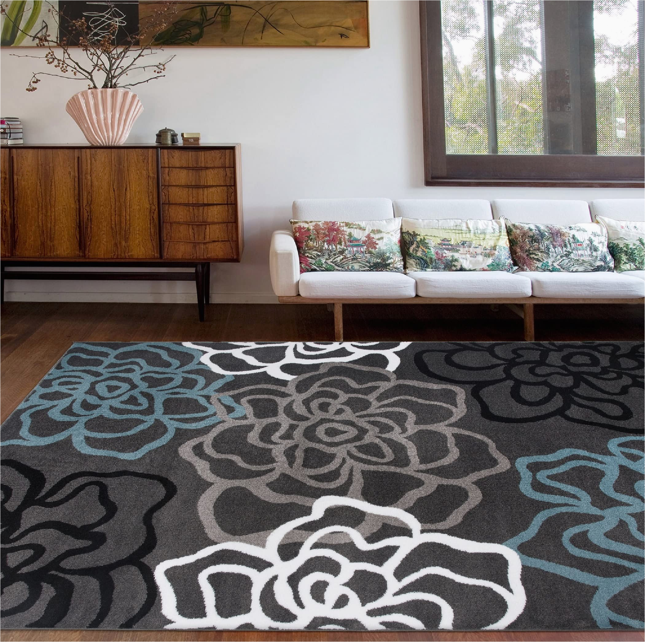 World Rug Gallery Contemporary Modern Floral Flowers area Rug Rugshop Contemporary Modern Floral Abstract Flowers Easy Maintenance for Home Office, Living Room, Bedroom, Kitchen soft area Rug 5′ 3″ X 7′ 3″ Gray