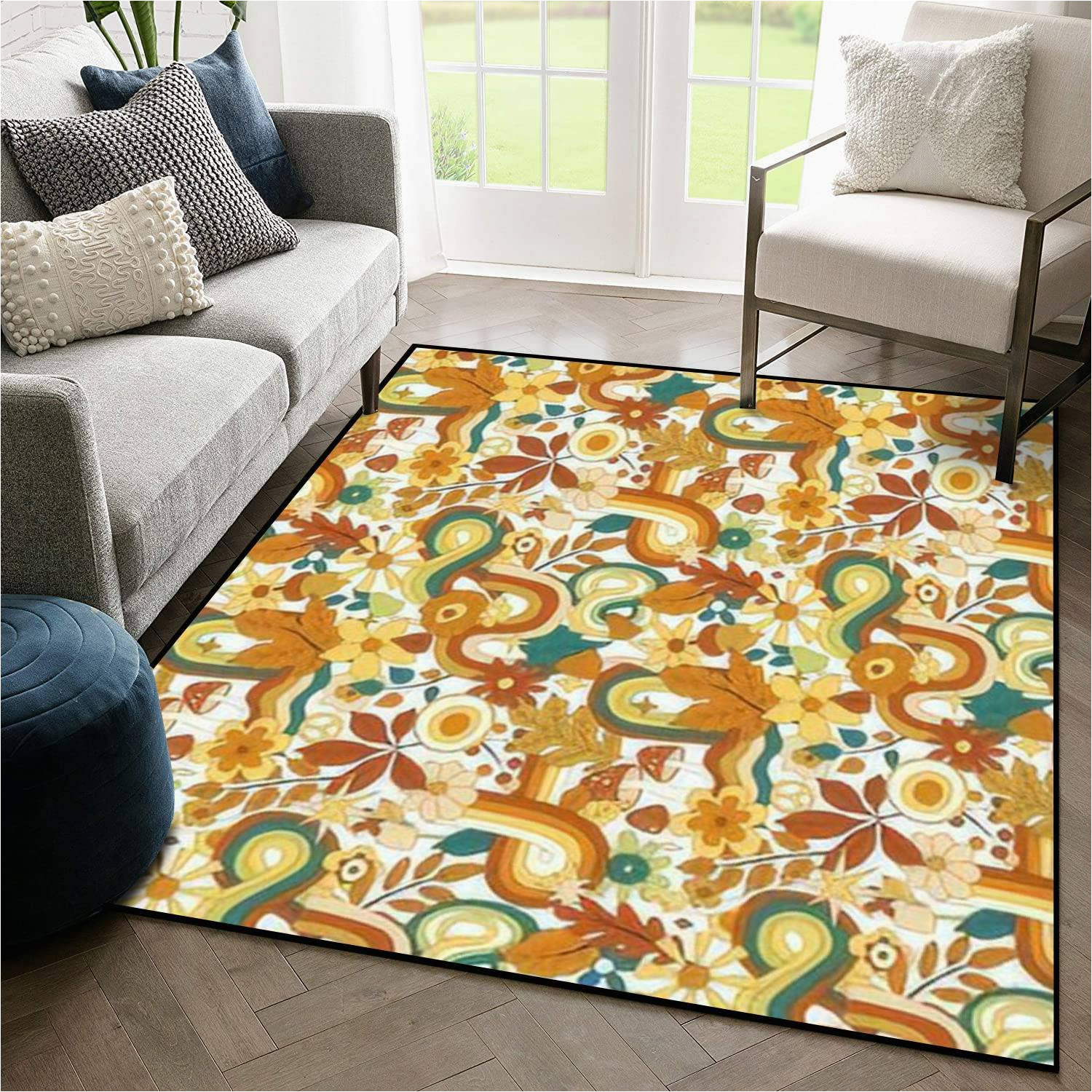 4×6 area Rugs for Sale Home 4×6 Rug area Rug 70s Groovy Hippie Retro Seamless Vintage Floral Wavy Fall with Leaves Non-slip Floor Mat Indoor Outdoor Carpet for Living Room …