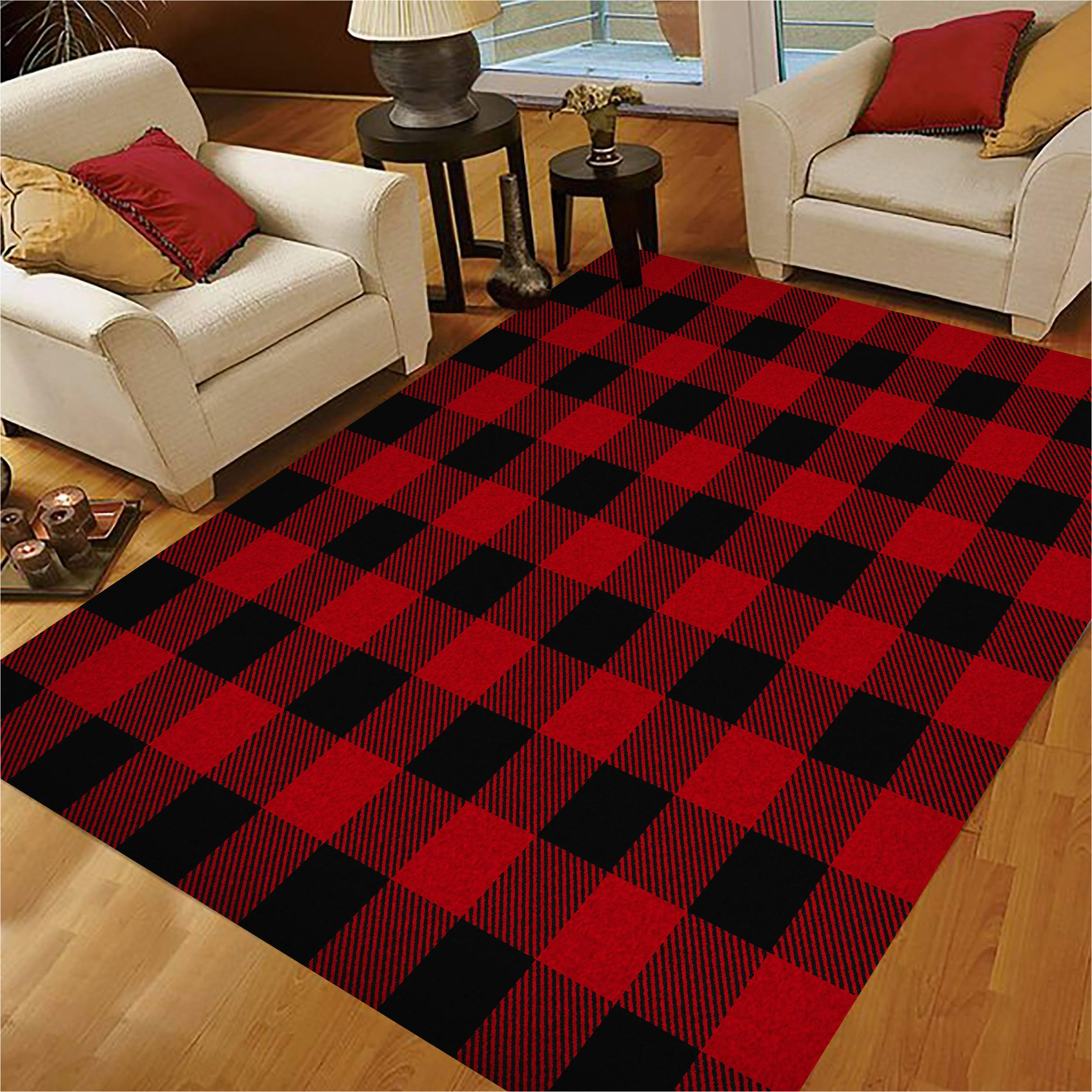 5 X 7 Red area Rug Christmas area Rugs, area Rugs 5×7 for Living Room Bedroom Home Decorative Merry Christmas Red Black Buffalo Plaid
