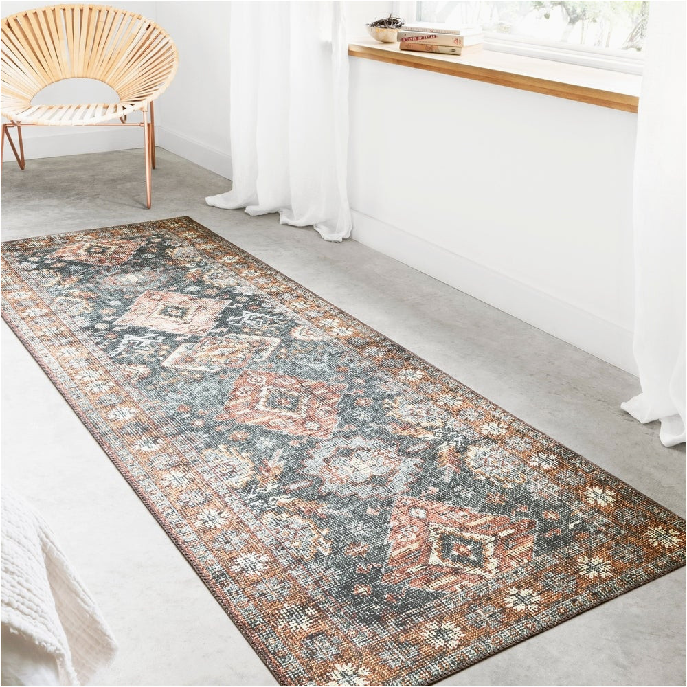 Alexander Home Leanne Traditional Distressed area Rug Leanne Traditional Distressed Printed area Rug – Sea/ Rust