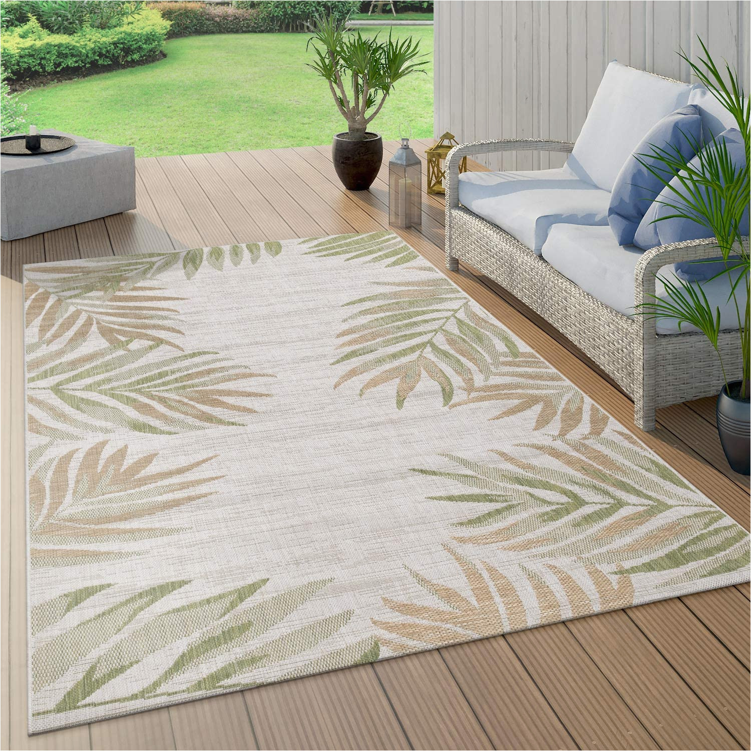 Beige and Green area Rugs 8×10 Paco Home Indoor and Outdoor Rug Beige Green Balcony Patio Palm …