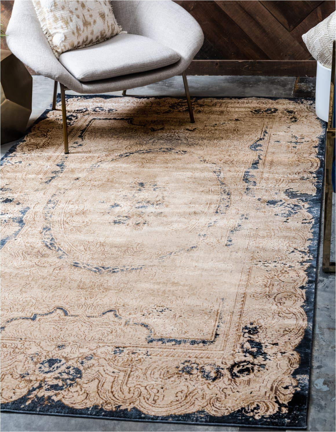 Abbeville oriental Dark Blue area Rug Unique Loom Chateau Collection Rustic, Vintage, Medallion, Textured, Distressed, Traditional area Rug, 8 Ft X 10 Ft, Beige/navy Blue