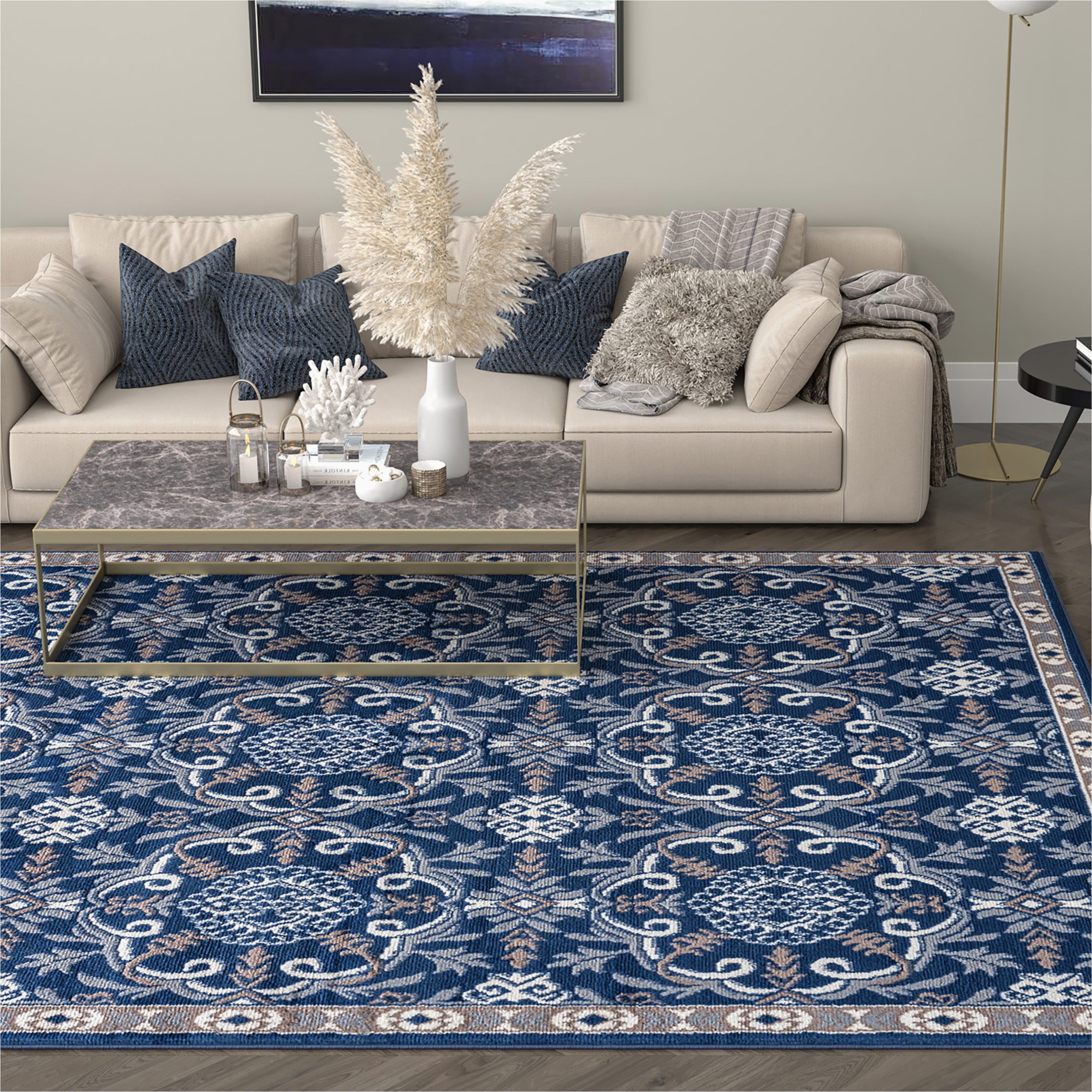 Beige and Navy area Rugs Traditional 5×7 area Rug (5′ X 7′) Brocade Navy, Beige Living Room Easy to Clean