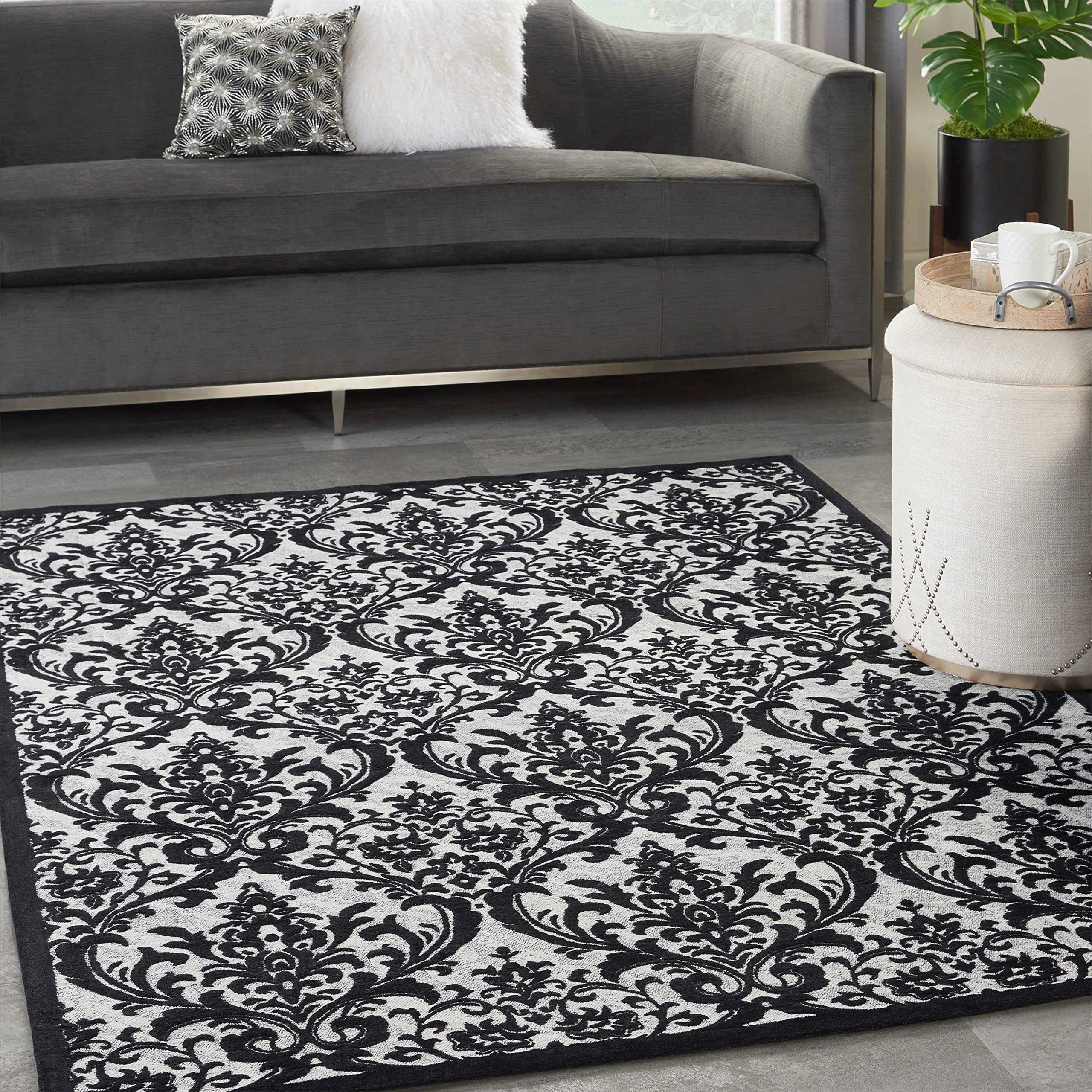 Black and White Damask area Rug Nourison Damask Vintage Black/white 5′ X 7′ area Rug, Easy Cleaning, Non Shedding, Bed Room, Living Room, Dining Room, Kitchen (5×7)