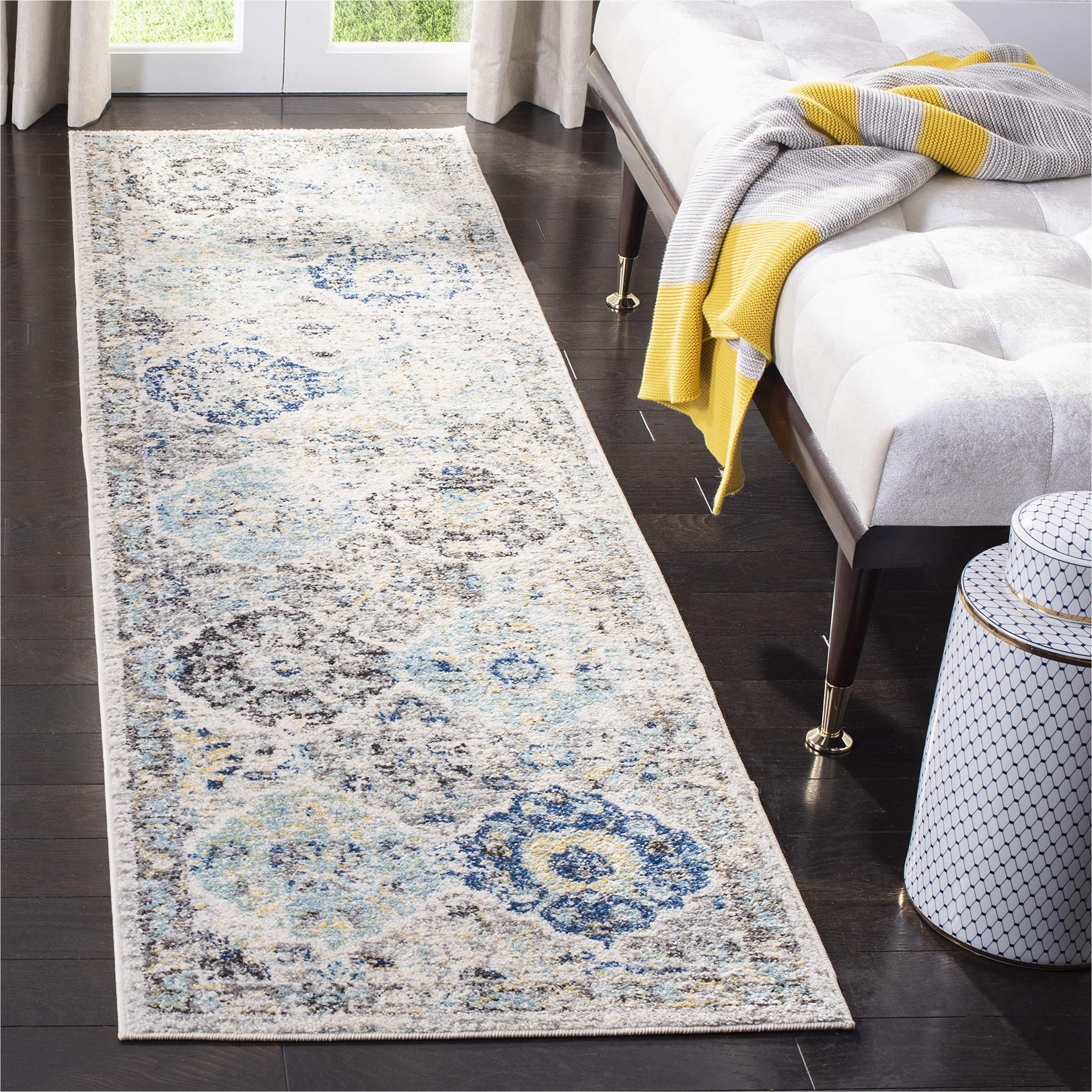 Safavieh Madison Judith Geometric Floral area Rug or Runner Safavieh Madison Collection 2’3″ X 8′ Ivory / Aqua Mad611a Boho Chic Floral Medallion Trellis Distressed Non-shedding Living Room Entryway Foyer …
