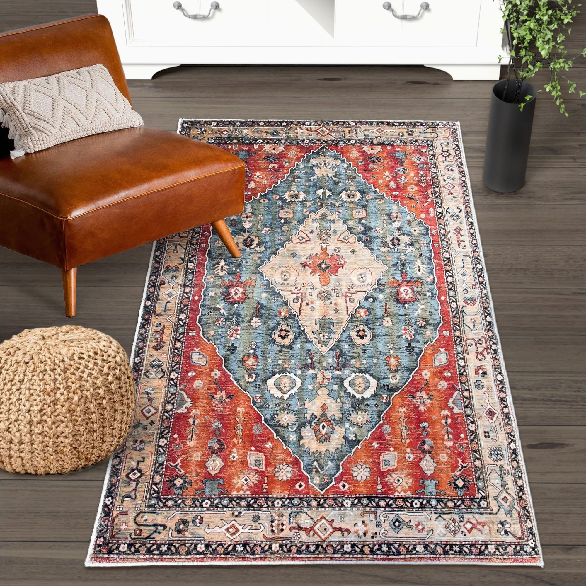 Washable Rubber Backed area Rugs Earthall Boho area Rug, Throw Rugs with Rubber Backing 3 X 5 Entry Way Rugs Faux Wool soft Non-slip Low-pile Indoor Doormat Machine Washable Rug …