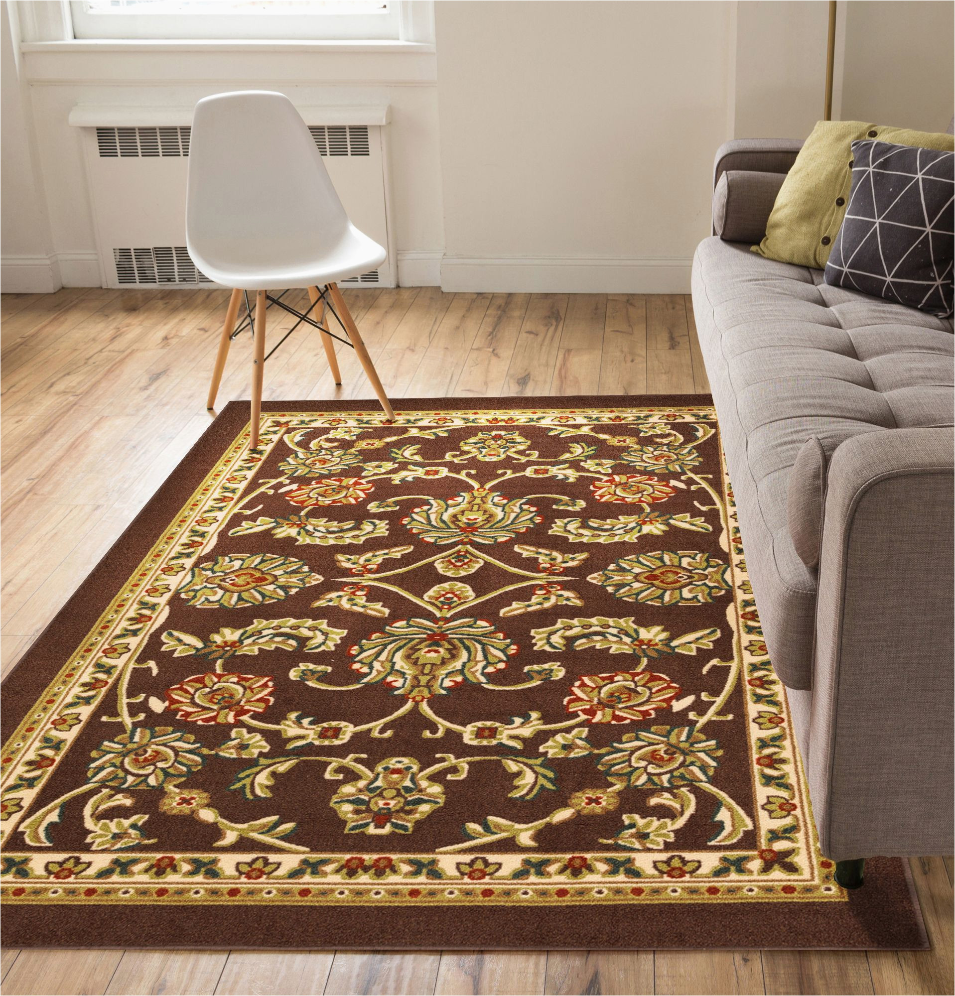 Washable Rubber Backed area Rugs Non-skid / Slip Rubber Back Antibacterial 3×5 ( 3’3″ X 4’7″ ) Door Mat Rug Timeless oriental Brown Traditional Classic Sarouk Thin Low Pile Machine …