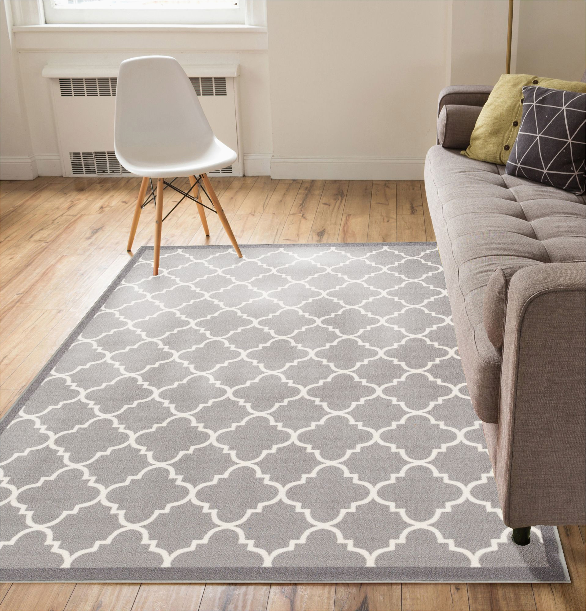 Washable Rubber Backed area Rugs Non-skid Slip Rubber Back Antibacterial 8×10 (7’10” X 9’10”) area Rug Dallas Moroccan Trellis Grey Modern Geometric Lattice Thin Low Pile Machine …