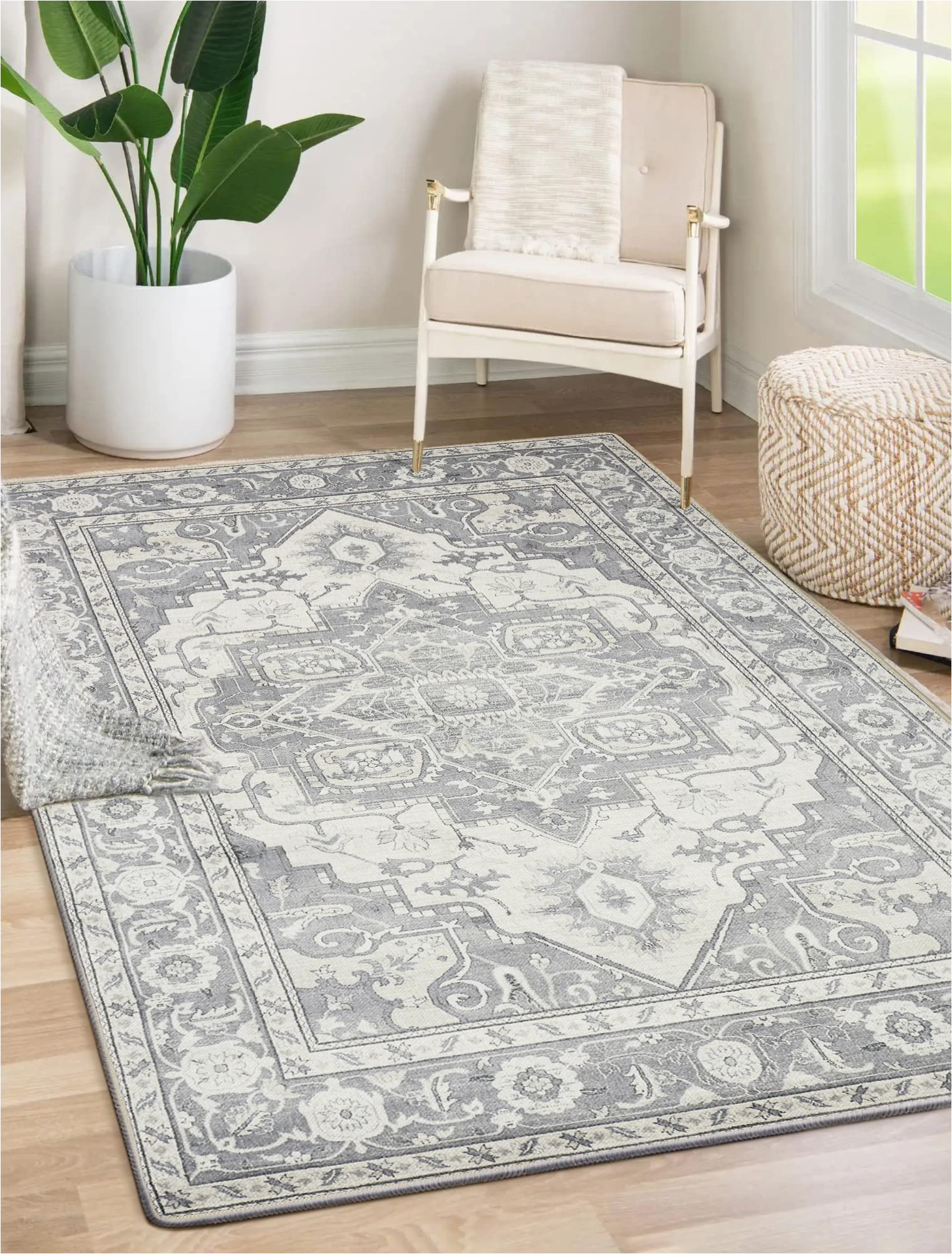 Washable Rubber Backed area Rugs Stain Resistant Washable area Rugs Rubber Backing- No Crease Printed Persian Rug – Bedroom Kitchen Living & Dining Room Carpet Mat – Vintage Floor …