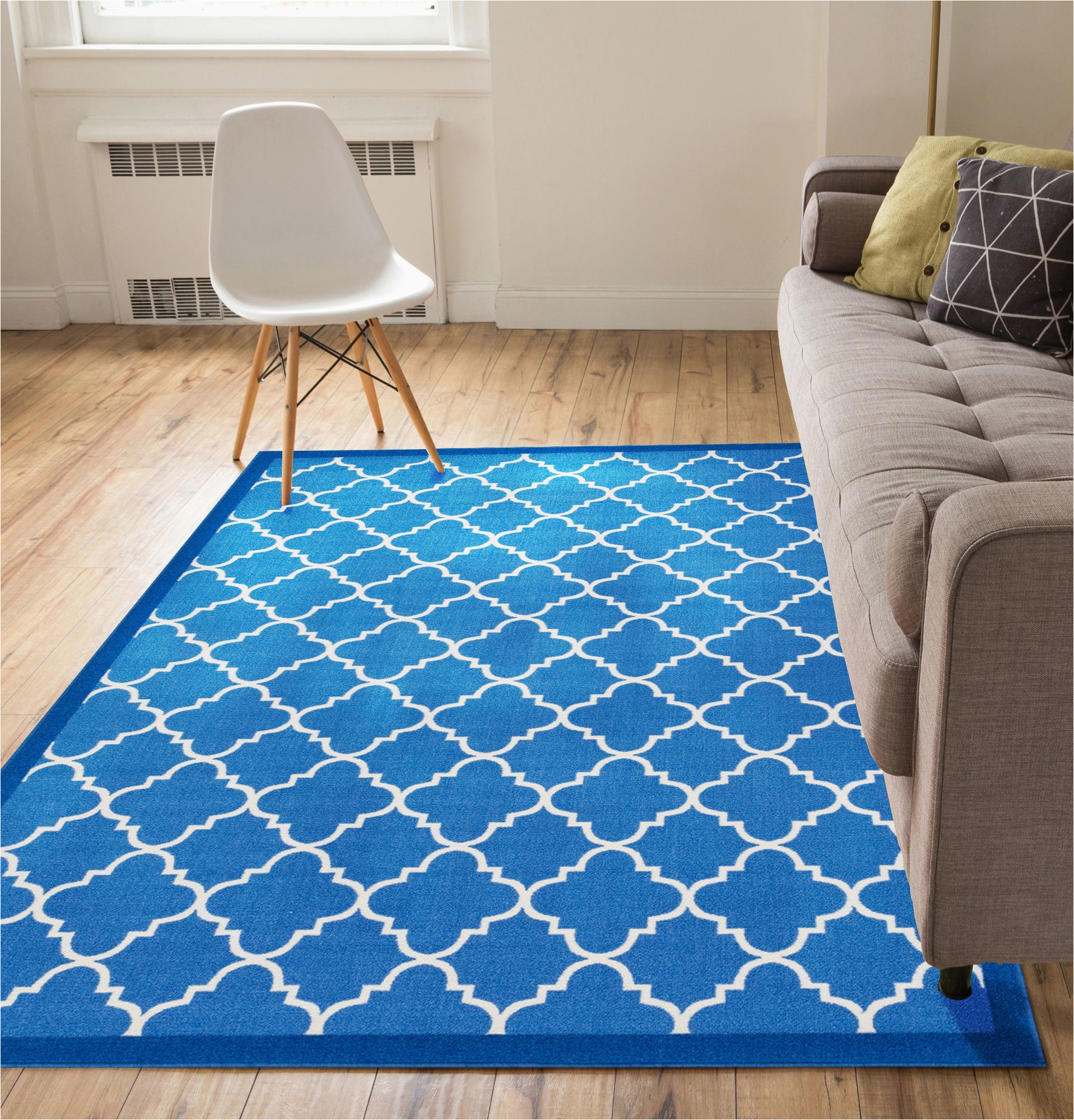 Washable Rubber Backed area Rugs Well Woven Non-skid Slip Rubber Back Antibacterial area Rug Dallas Moroccan Trellis Blue Modern Geometric Lattice Thin Low Pile Machine Washable …