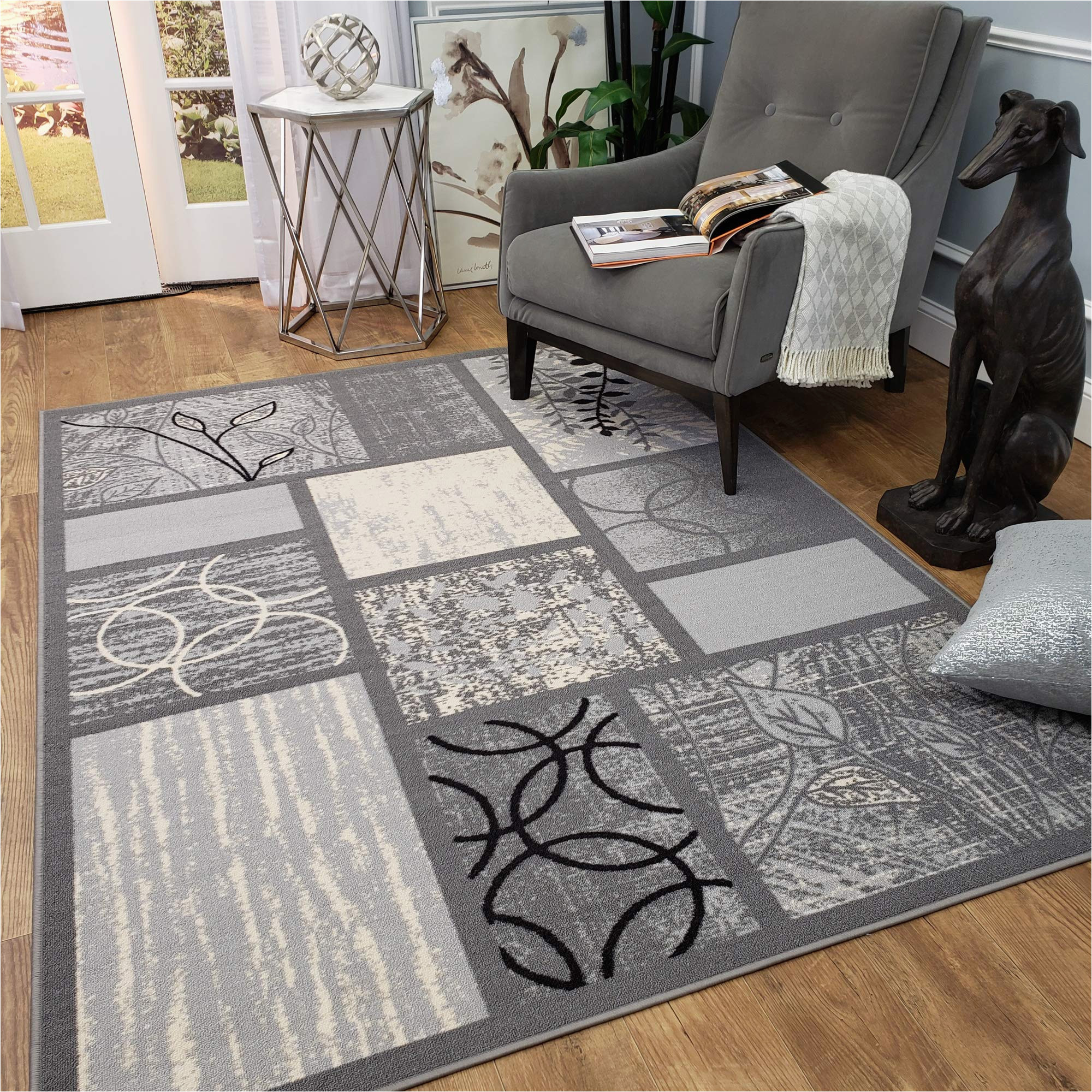 3×5 area Rugs On Sale Rubber Backed area Rug, 39 X 58 Inch (fits 3×5 area), Grey Geometric, Non Slip, Kitchen Rugs and Mats