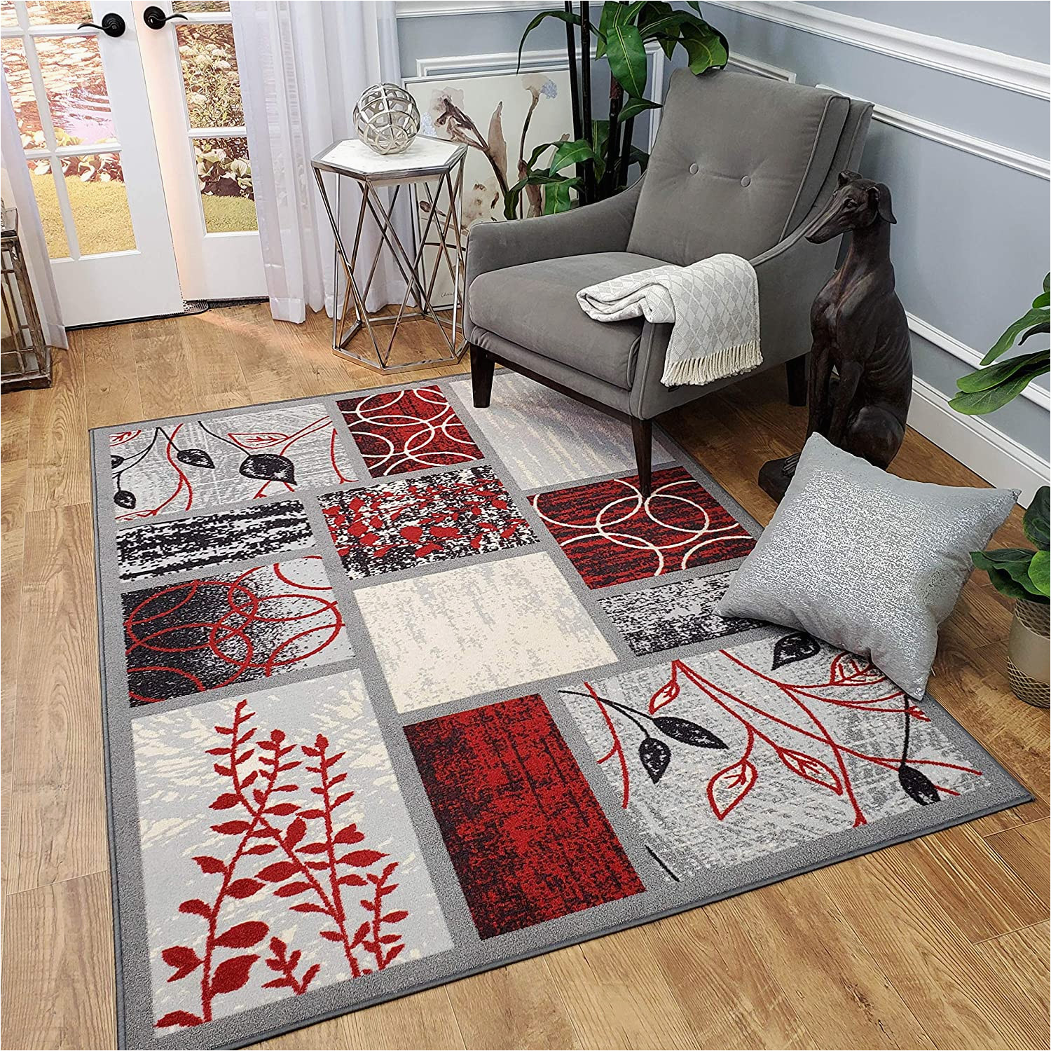 3×5 area Rugs On Sale Rubber Backed area Rug, 39 X 58 Inch (fits 3×5 area), Red Grey Geometric, Non Slip, Kitchen Rugs and Mats