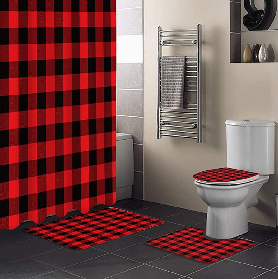 4 Square Bath Rug Red and Black Square Grid 4 Piece Bathroom Set, 36″ W X 72″ L Shower Curtain and Bath Mat Set with Non-slip Rug, toilet Lid Cover, Bath Mat, Intersect …