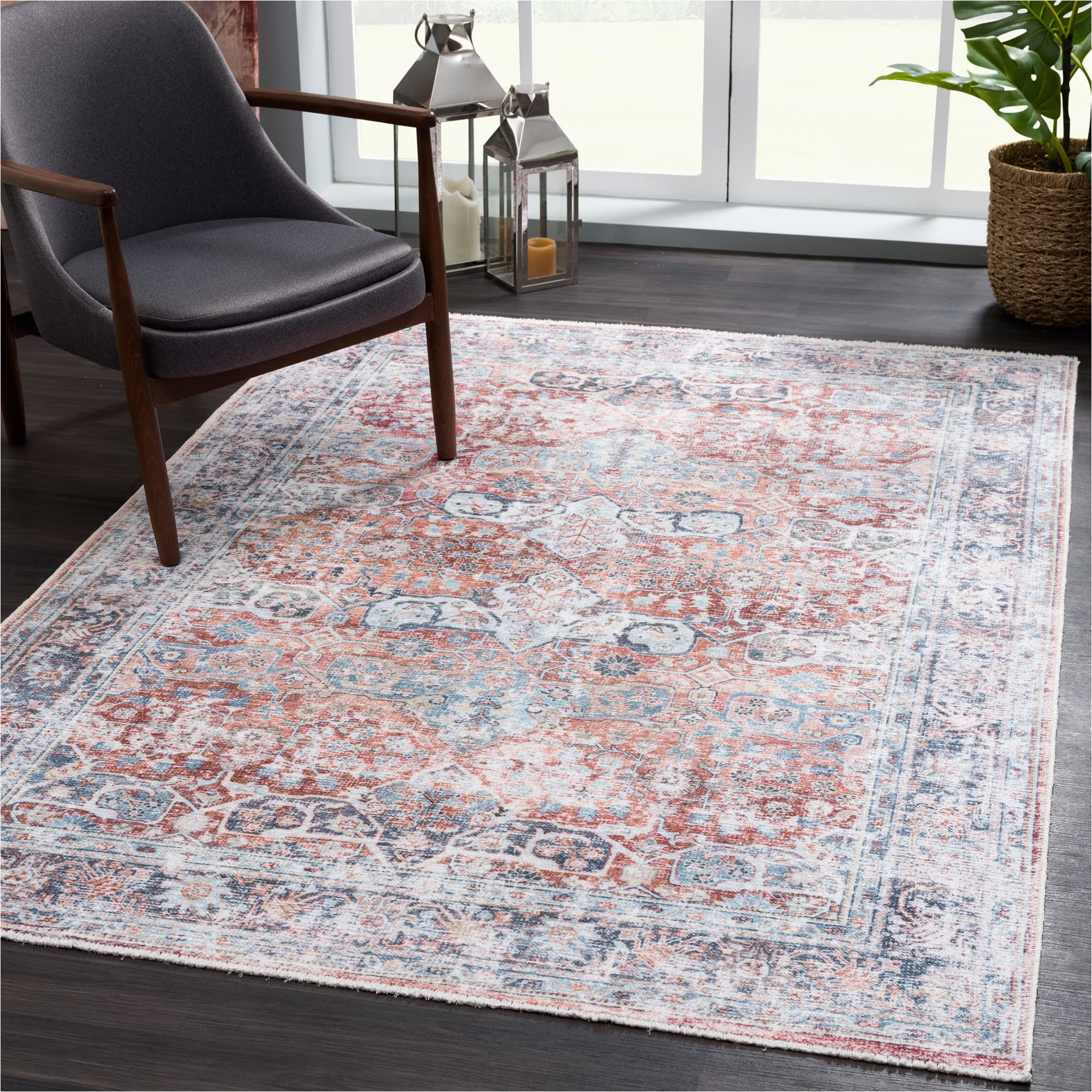 6×9 area Rugs for Dining Room Bloom Rugs Caria Washable Non-slip 6×9 Rug – Brick / Dark Blue area Rug for Living Room, Bedroom, Dining Room and Kitchen – Exact Size: 6′ X 9′