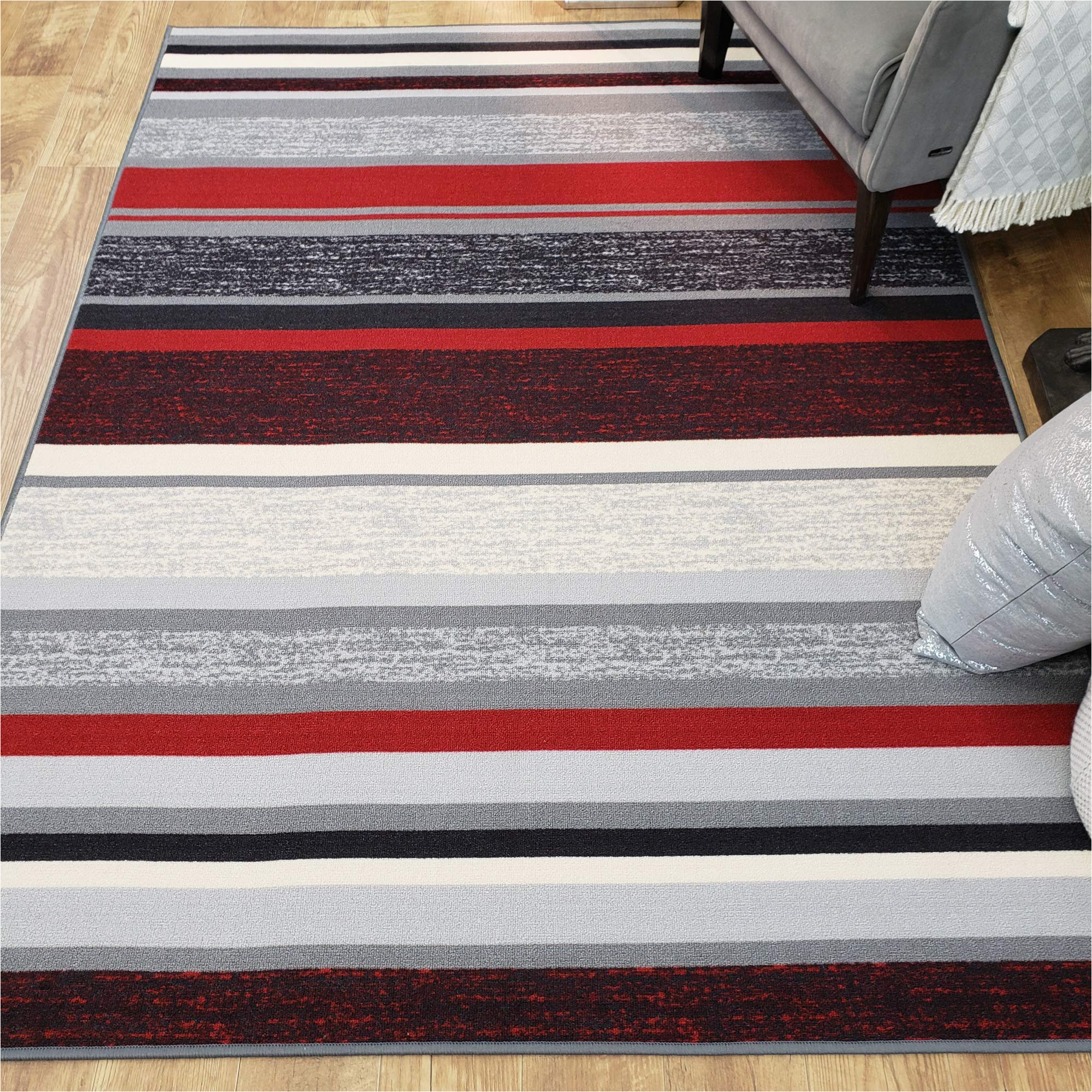 Anne Gray True Red area Rug Rubber Backed area Rug, 39 X 58 Inch (fits 3×5 area), Red Gray Striped, Non Slip, Kitchen Rugs and Mats