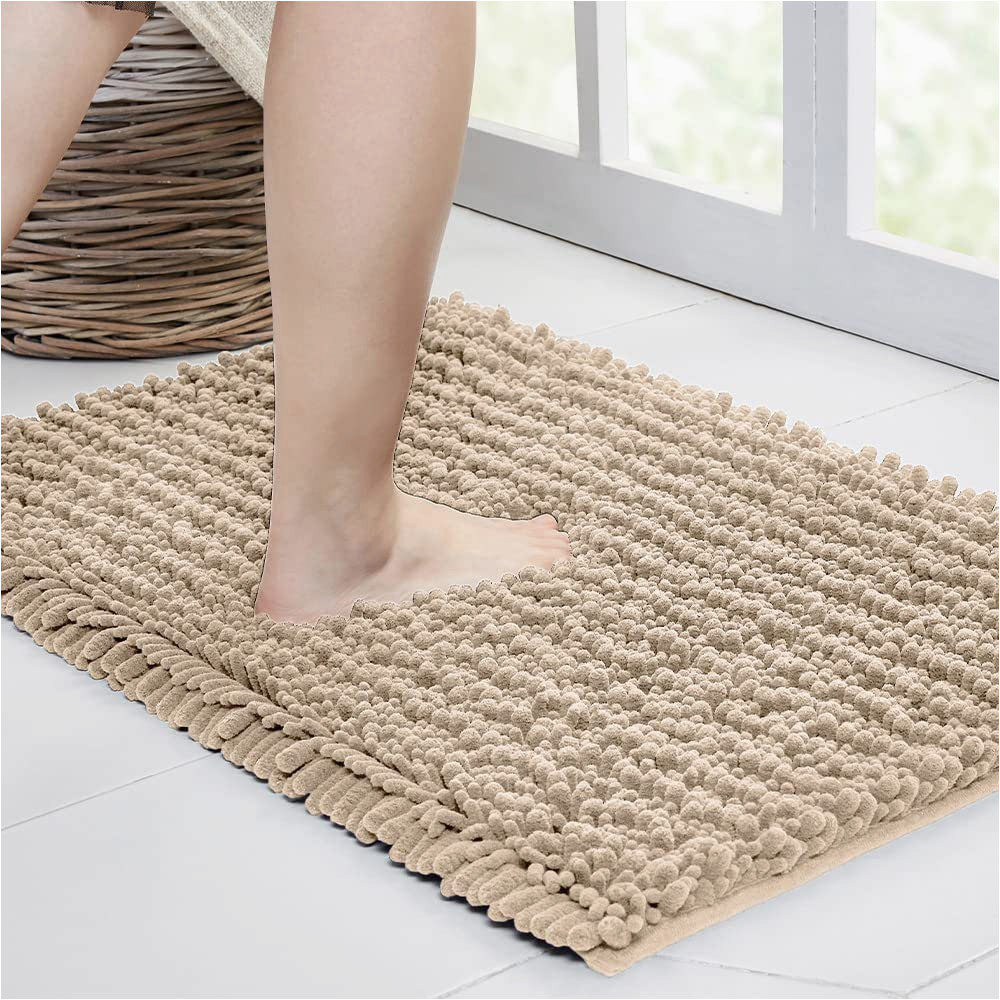 Best Absorbent Bath Rug Walensee Bathroom Rug Non Slip Bath Mat (24×17 Inch Beige) Water Absorbent Super soft Shaggy Chenille Machine Washable Dry Extra Thick Perfect …