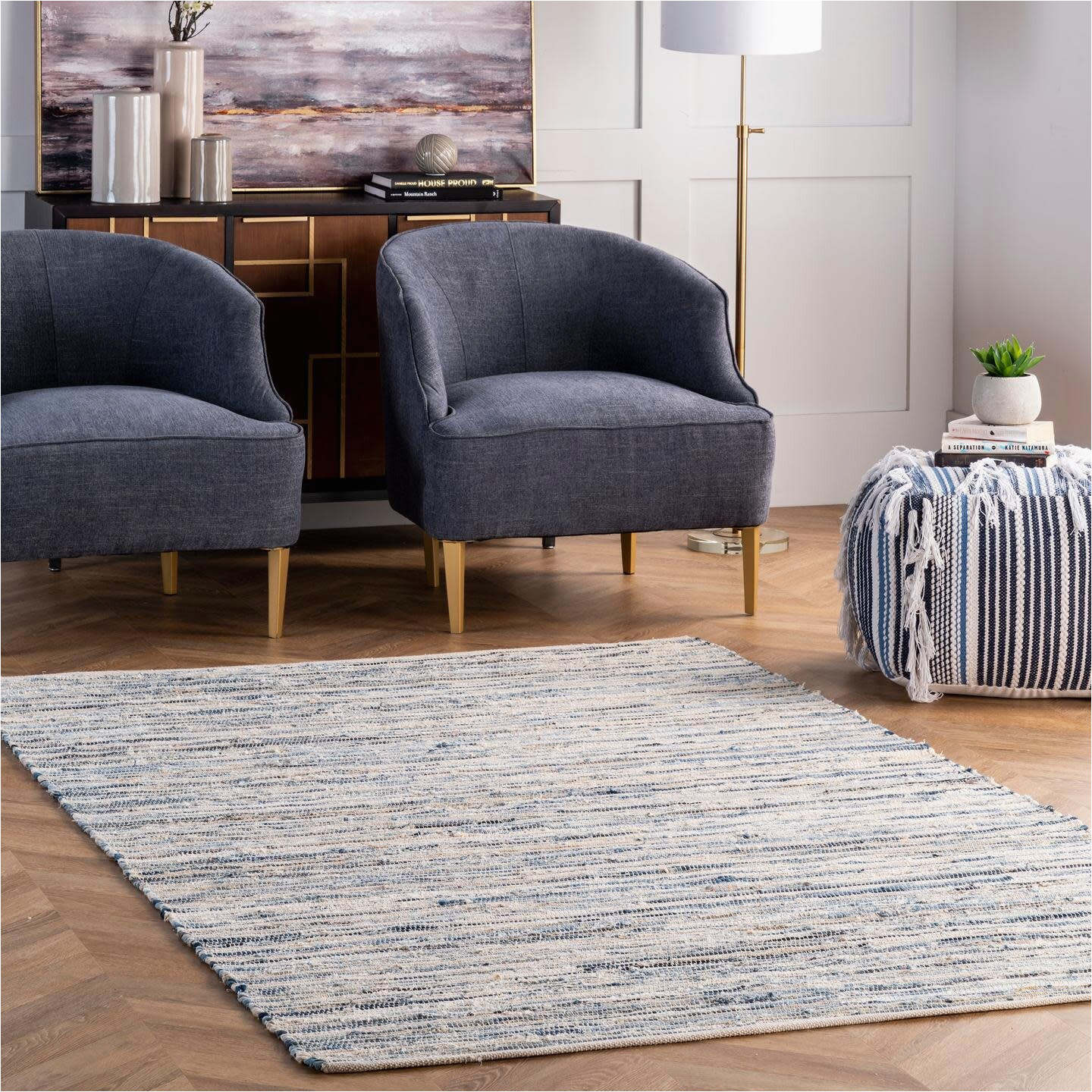 Biehl Hand Loomed Cotton Blue Beige area Rug Biehl Hand Hooked Cotton Blue/white Rug