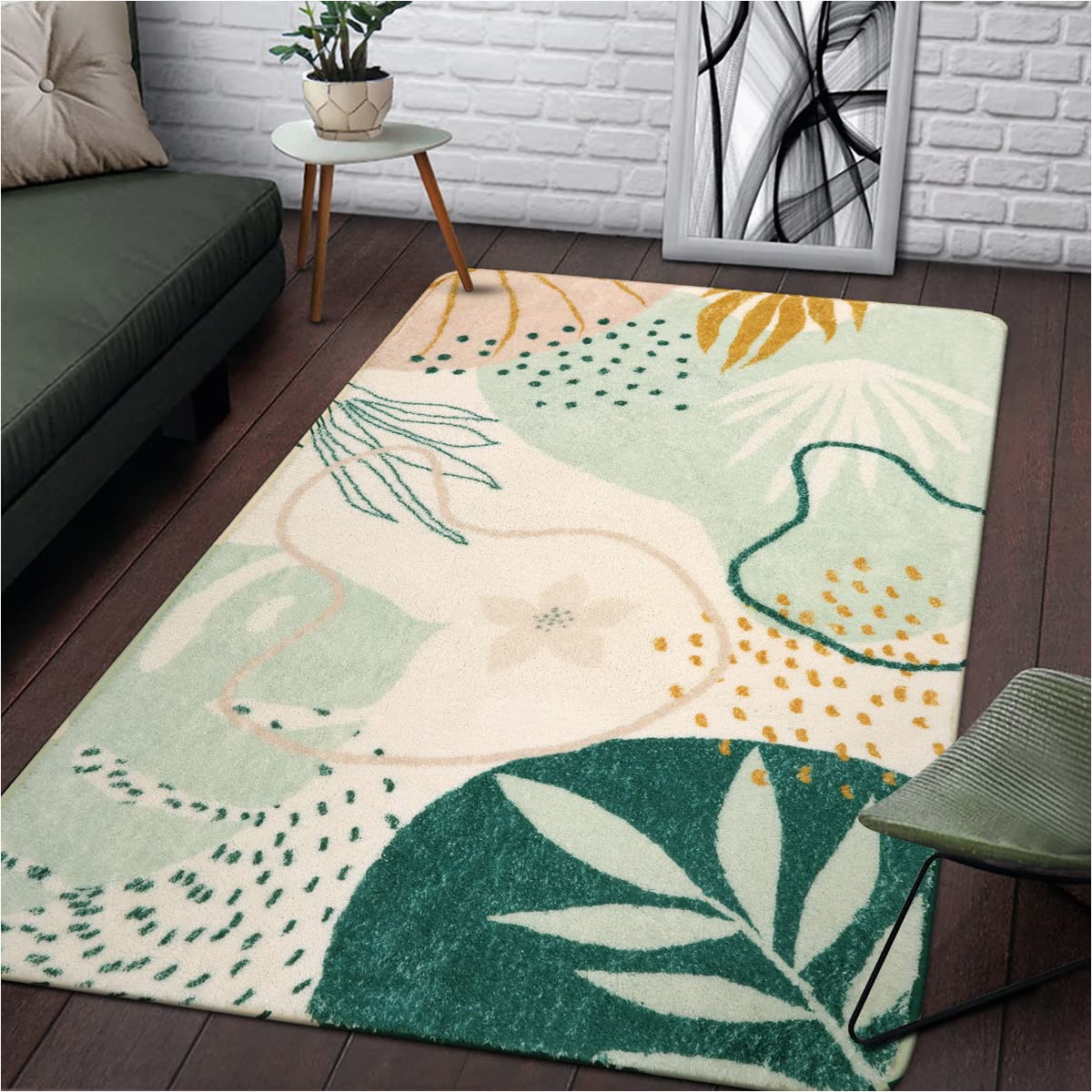 Green Living Room area Rugs Lahome Green Washable area Rug – 3×5 Botanical Print Small Rug Modern Abstract Non-slip Minimalist Art area Rug Accent Distressed Throw Rugs Floor …