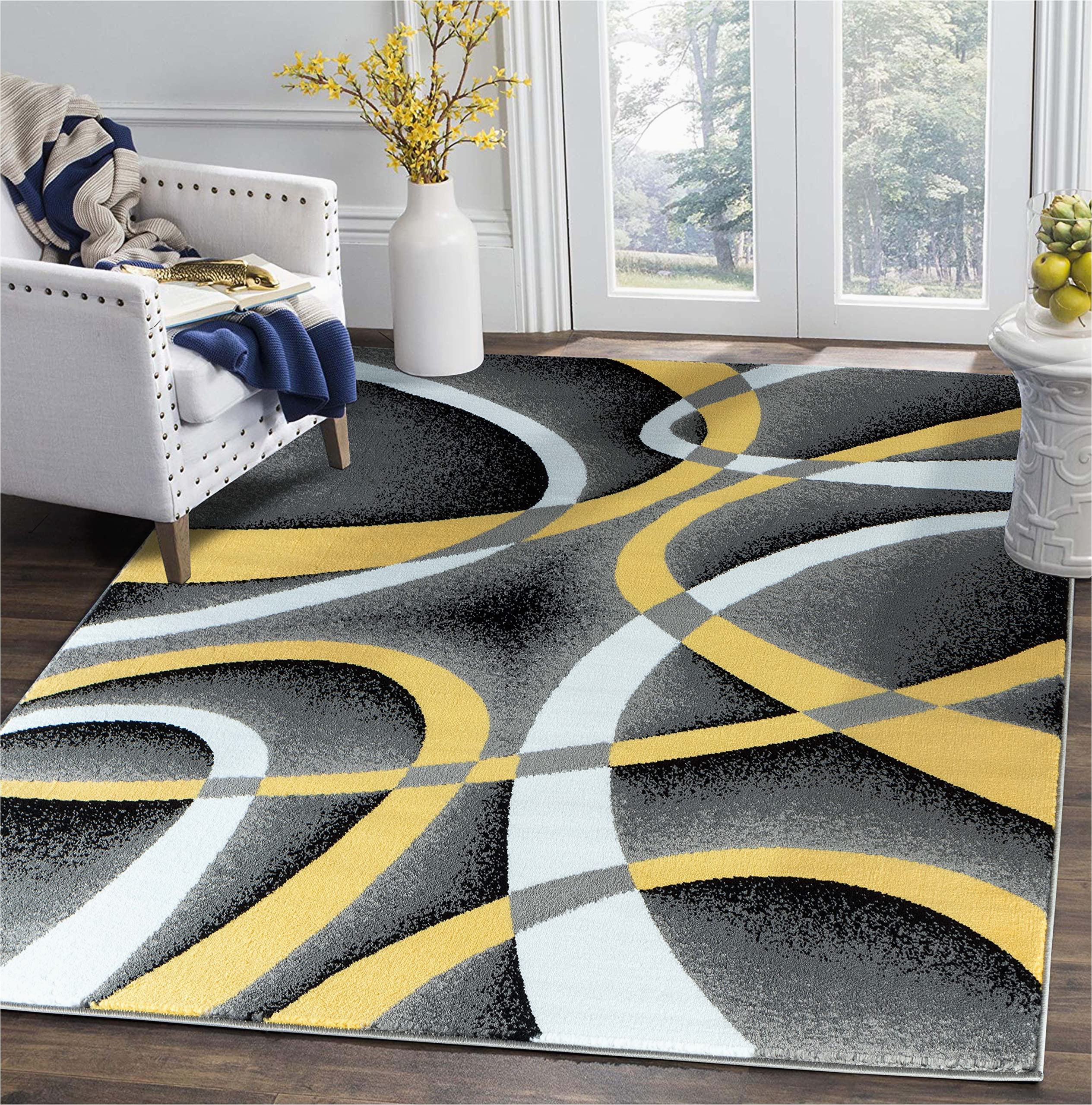 Grey and Yellow area Rug 8×10 Glory Rugs area Rug 8×10 Yellow Door Mat Modern Swirls Carpet Bedroom Living Room Contemporary Dining Accent Sevilla Collection 4816