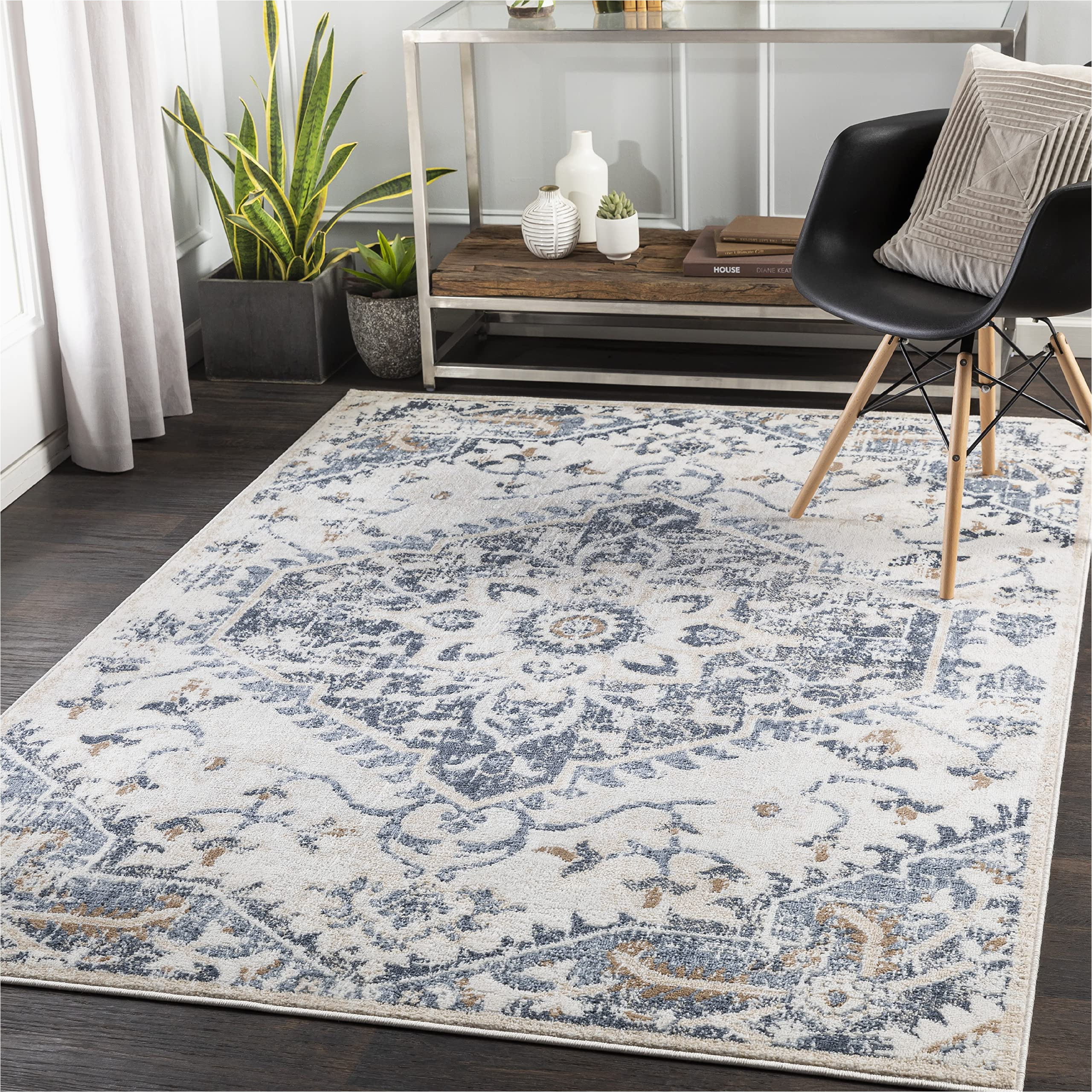 Grey Cream and Blue area Rugs Mark&day area Rugs, 5×7 Baflo Traditional Denim area Rug, Blue / Cream / Brown Carpet for Living Room, Bedroom or Kitchen (5’2″ X 7′)