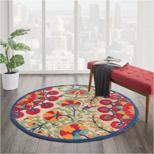 Indoor Outdoor Round area Rugs Nourison Aloha Easy-care Red/multicolor 5 Ft. X 5 Ft. Floral …