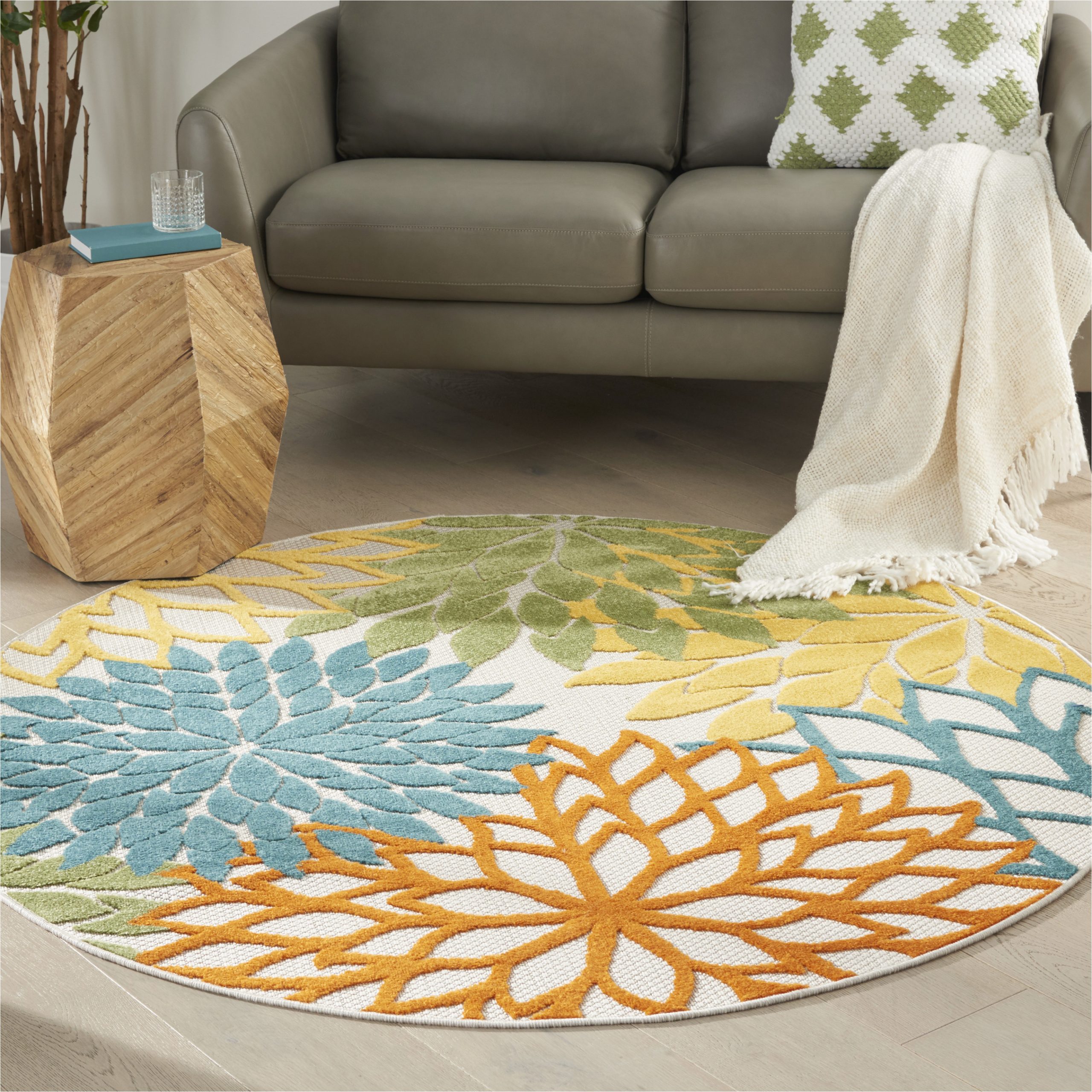 Indoor Outdoor Round area Rugs Nourison Aloha Indoor/outdoor Tropical Floral Turquoise Multicolor 5’3″ X Round area Rug, (5′ Round)