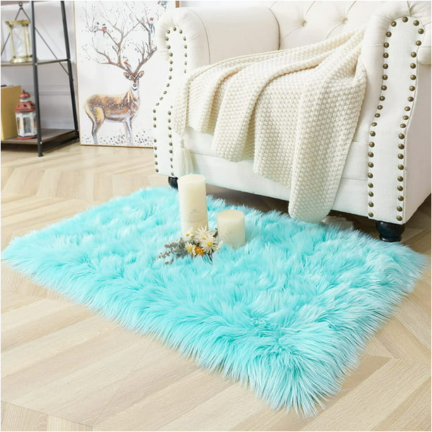 Light Blue Fuzzy Rug Lochas Ultra soft Fluffy Rugs Faux Fur Sheepskin area Rug for Bedroom Bedside Living Room Carpet Nursery Washable Floor Mat,2’x3′,blue