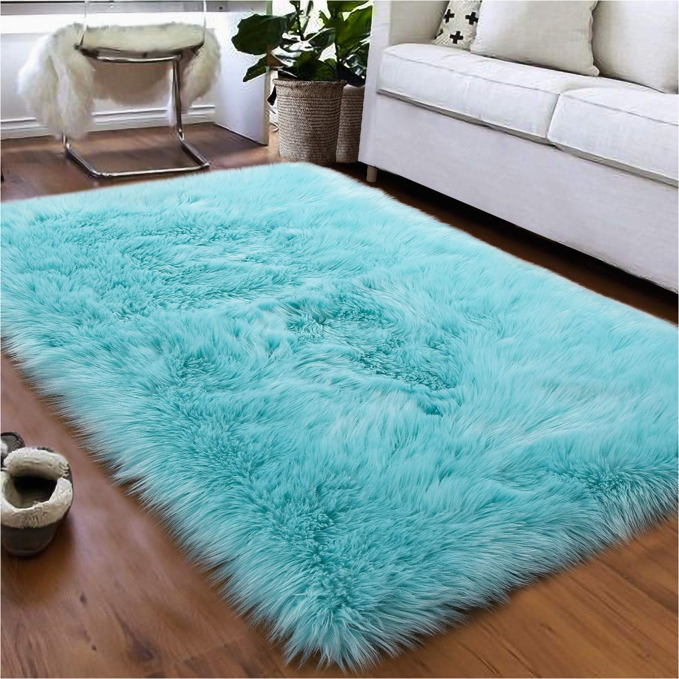 Light Blue Fuzzy Rug softlife Fluffy Faux Fur Sheepskin Rugs Luxurious Wool area Rug for Kids Room Bedroom Bedside Living Room Office Home Decor Carpet ( 4ft X 6ft, Light …