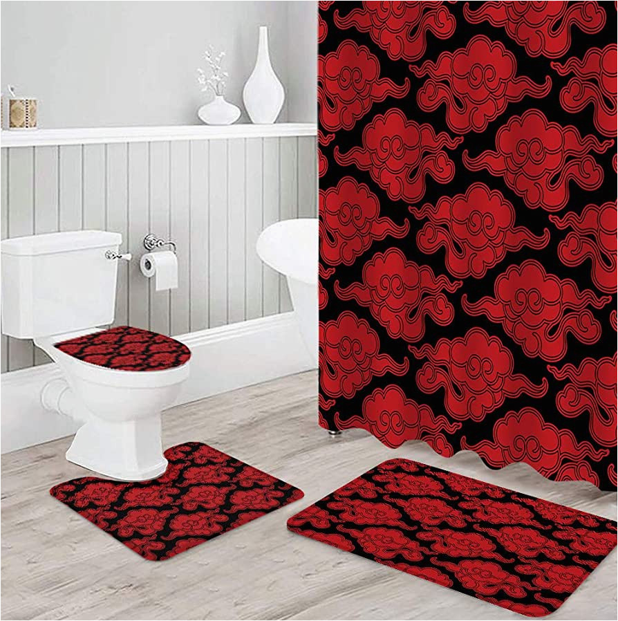 Red and Black Bath Rugs 4 Piece Bathroom Set, Red Black Pattern Chinese Vintage Cloud Japanese China oriental Design Shower Curtain and Bath Mat Set with Non-slip Rugs, …