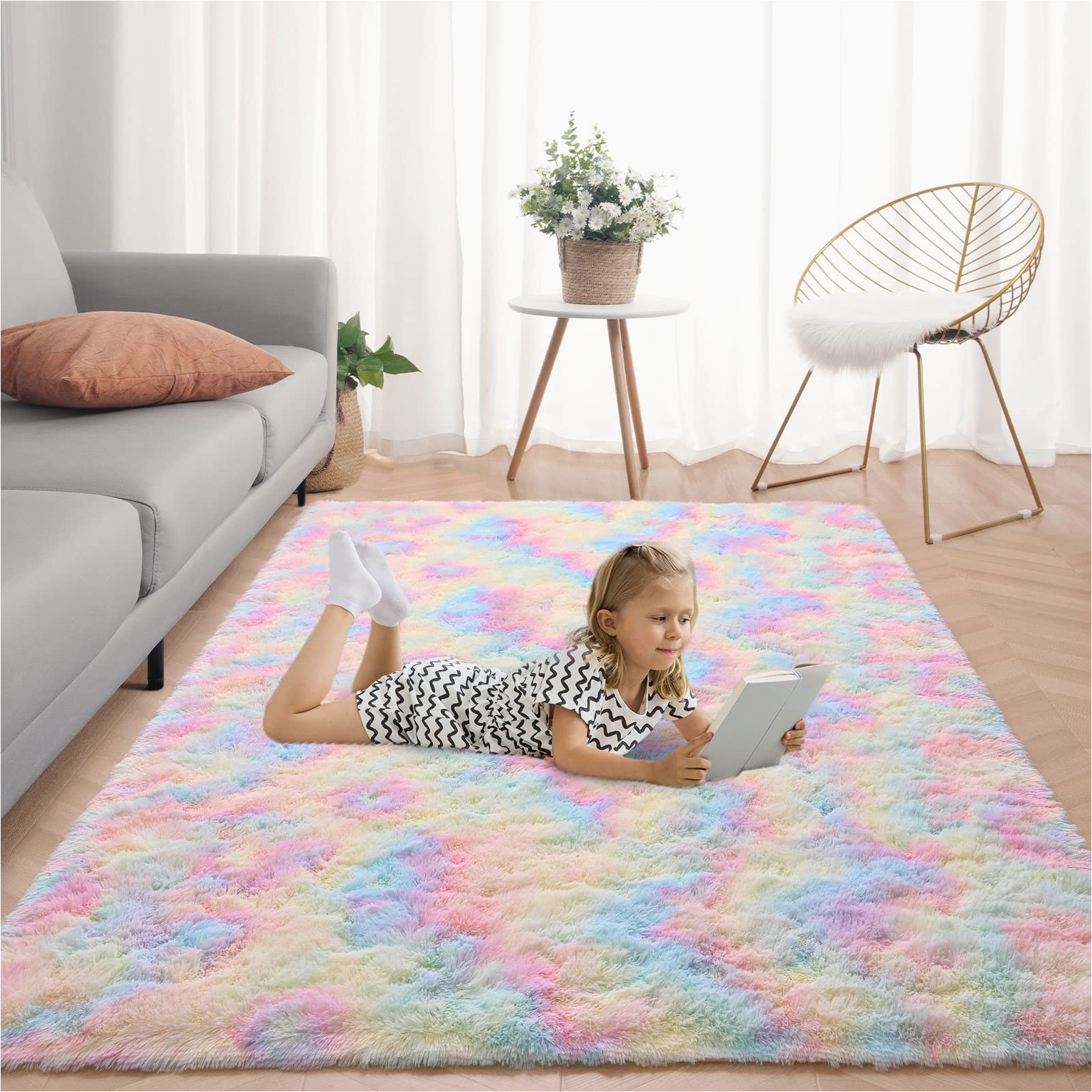 Rug and Home area Rugs Flagover Rainbow Fluffy area Rugs for Bedroom, 4×6 Feet soft Rainbow Rugs, Shaggy Bedside Rugs Colorful Abstract Plush Rug for Kids Boys Girls Room …