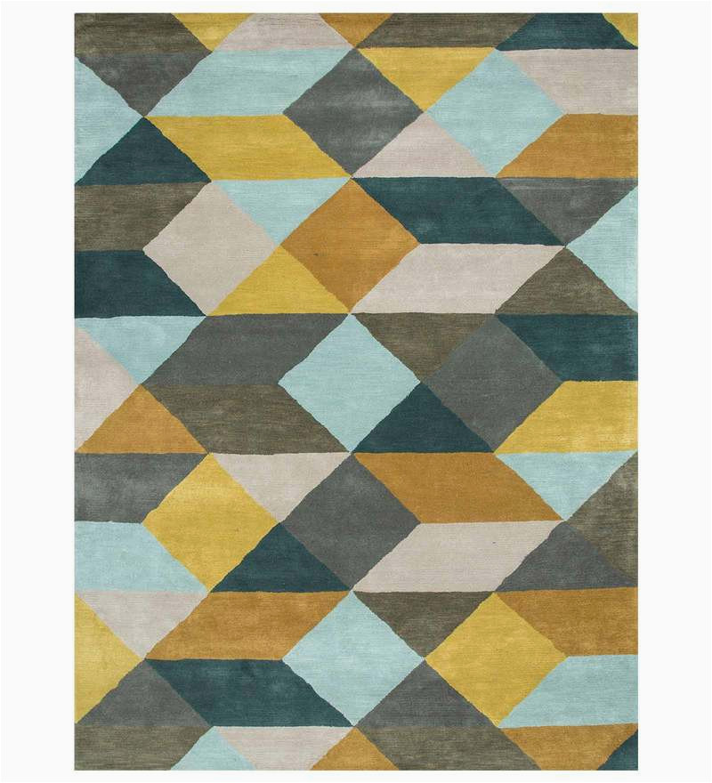 Shavano Hand Tufted Wool Yellow Gold Teal area Rug Blue Wool Geometrical 5 X 8 Feet Hand Tufted Carpet