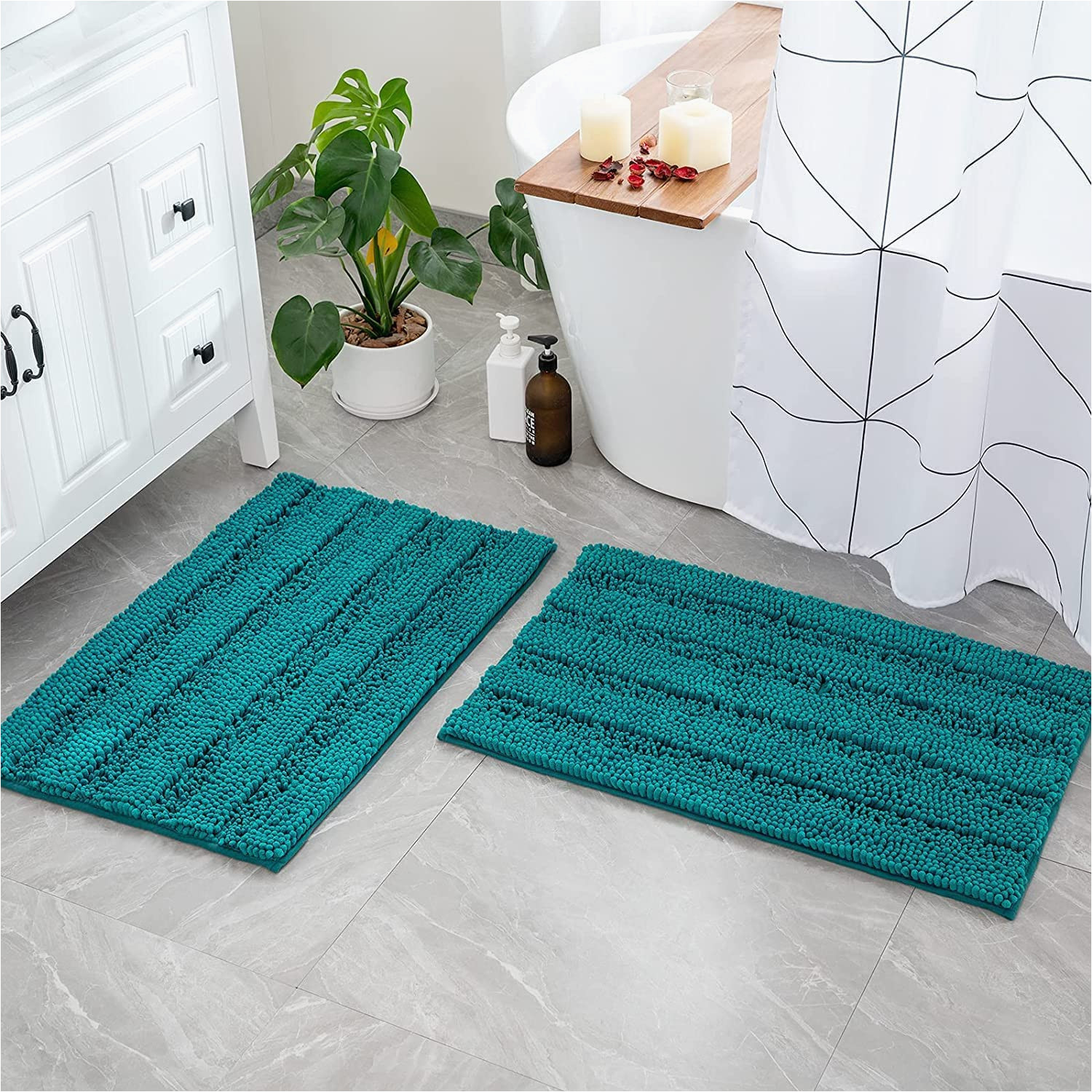 Striped Bath Rug Sets Miulee Set Of 2 Striped Chenille Bathroom Rugs Super soft and Absorbent Non-slip Shaggy Bath Mats Rugs for Bathtub Shower (peacock Blue, 20 X 32 Inch)