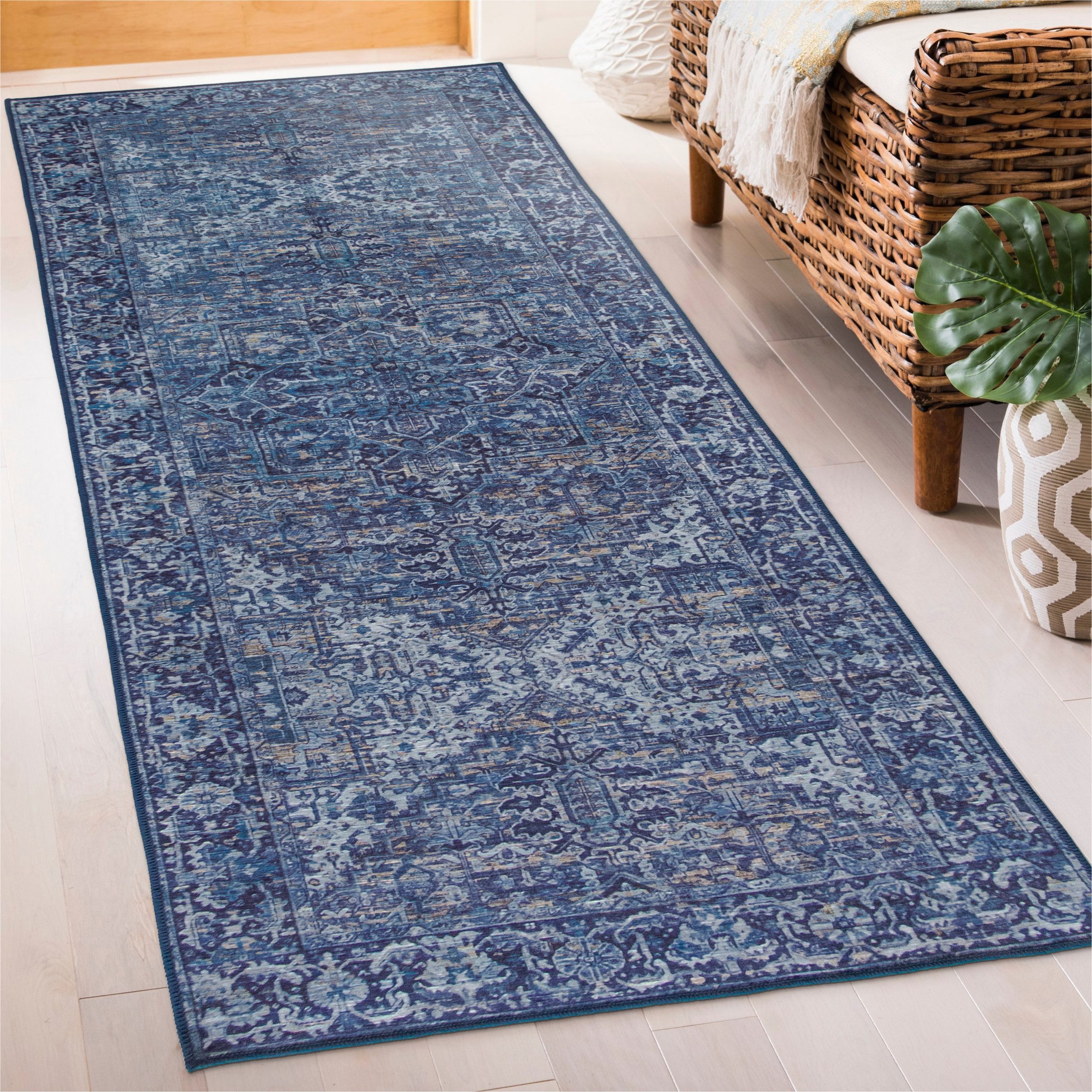 Washable area Rugs and Runners Realife Rugs Machine Washable Printed Vintage Distressed Traditional Blue Eco-friendly Recycled Fiber area Runner Rug (2’6″ X 8′)