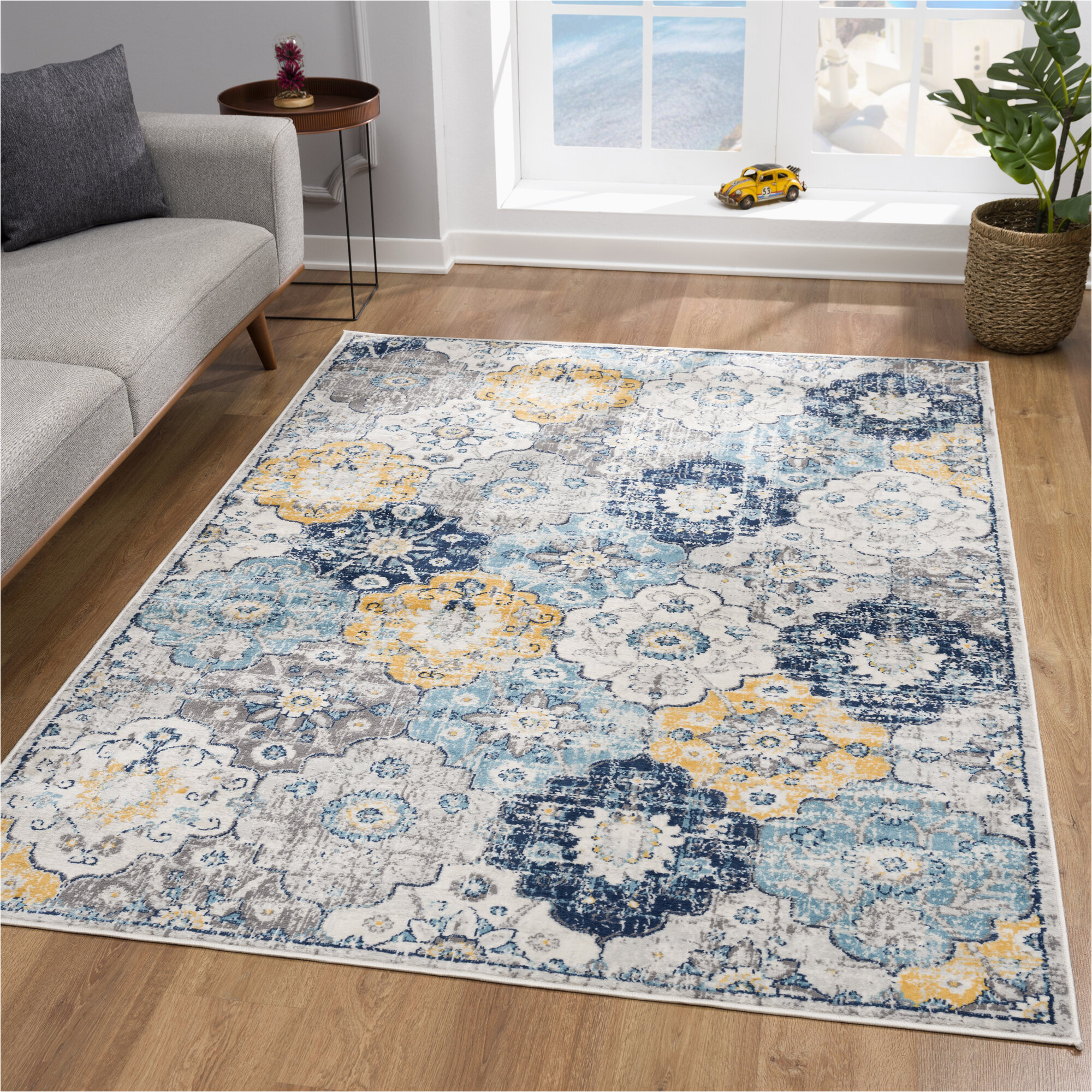 Yellow Gray Blue Rug Molde Abstract area Rug In Blue/mustard Yellow