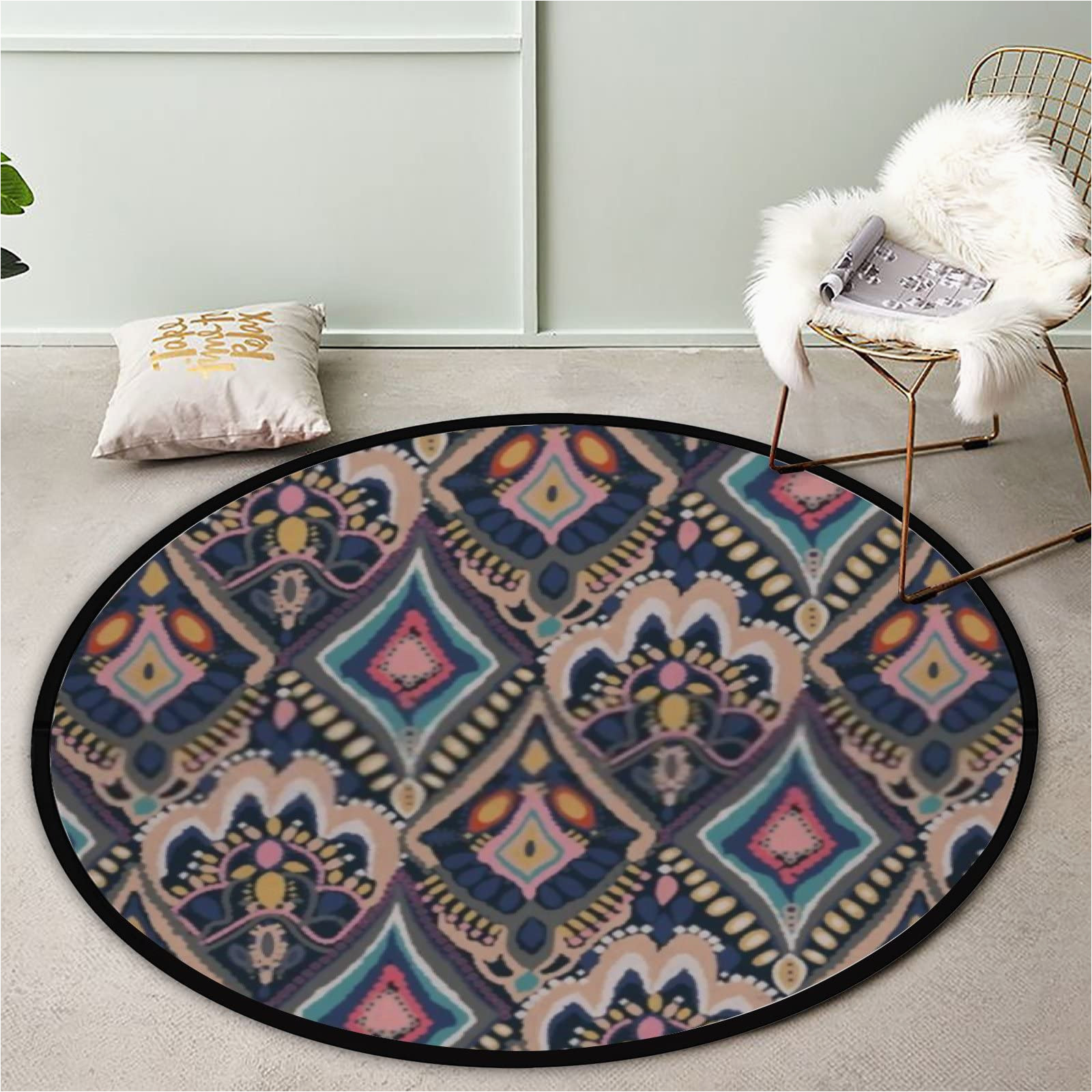 36 Inch Round area Rug Round area Rug 3 Ft Colorful Ethnic Tribal Geometric Texture Collection Round Mats Accent Throw Rugs Floor Carpet Bedroom Study Kitchens Dining Living …