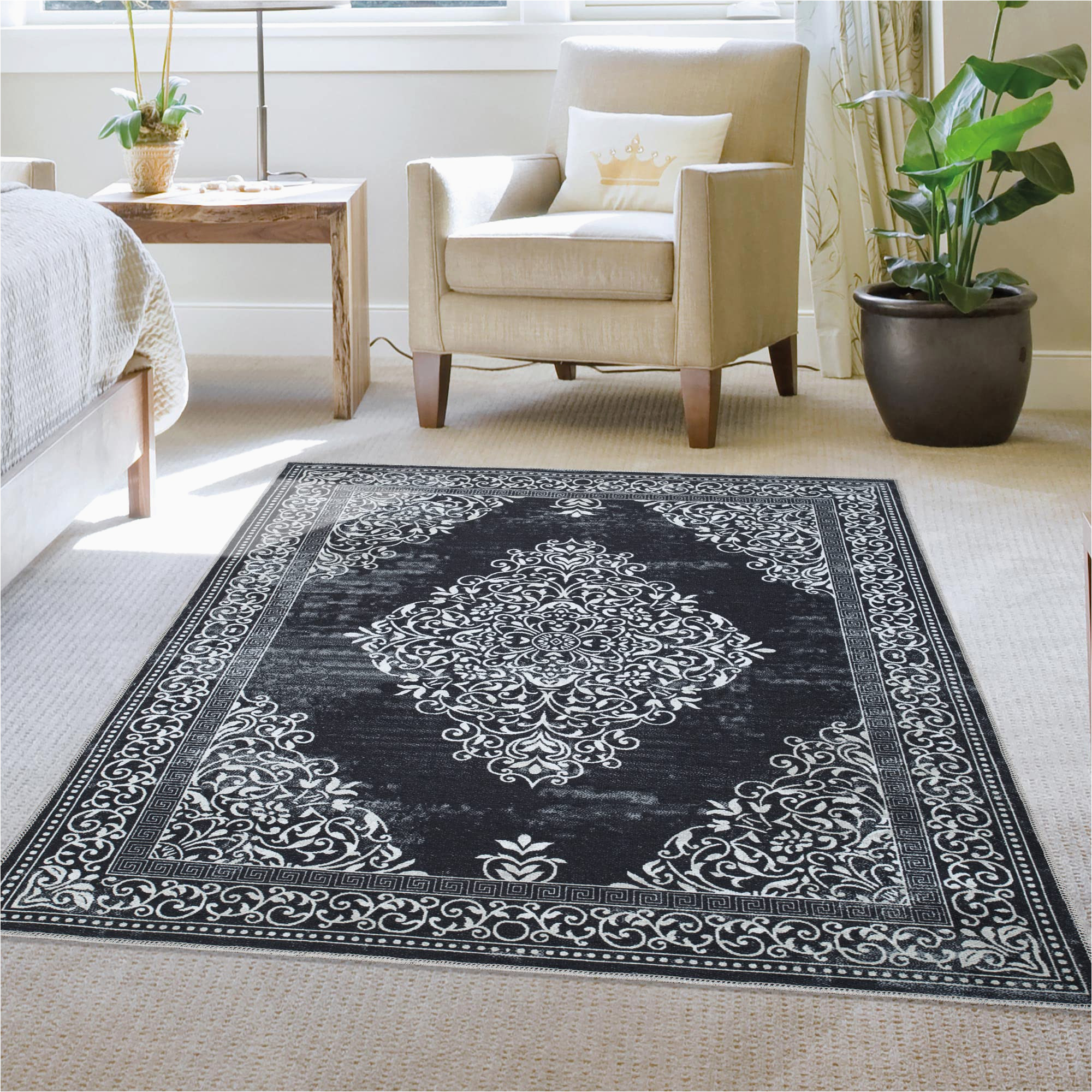 4 X 6 Washable area Rugs Black oriental 4×6 Washable area Rug – area Rugs for Living Room, Entryway, Kitchen, Hallway, Bedroom, Actual Size 4′ X 6′