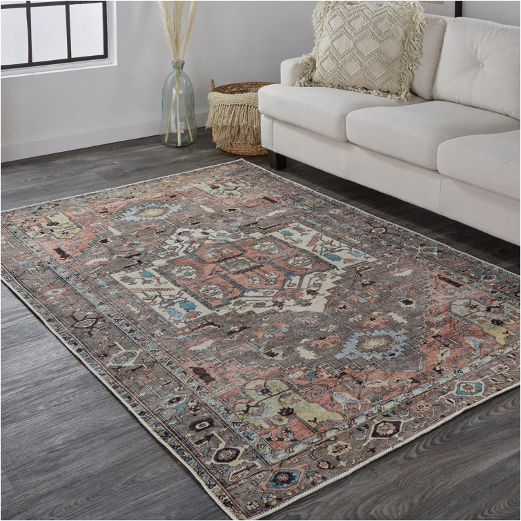 Alexander Home Traditional Distressed Rust Blue Medallion Printed area Rug Elsass oriental area Rug In Warm Grey