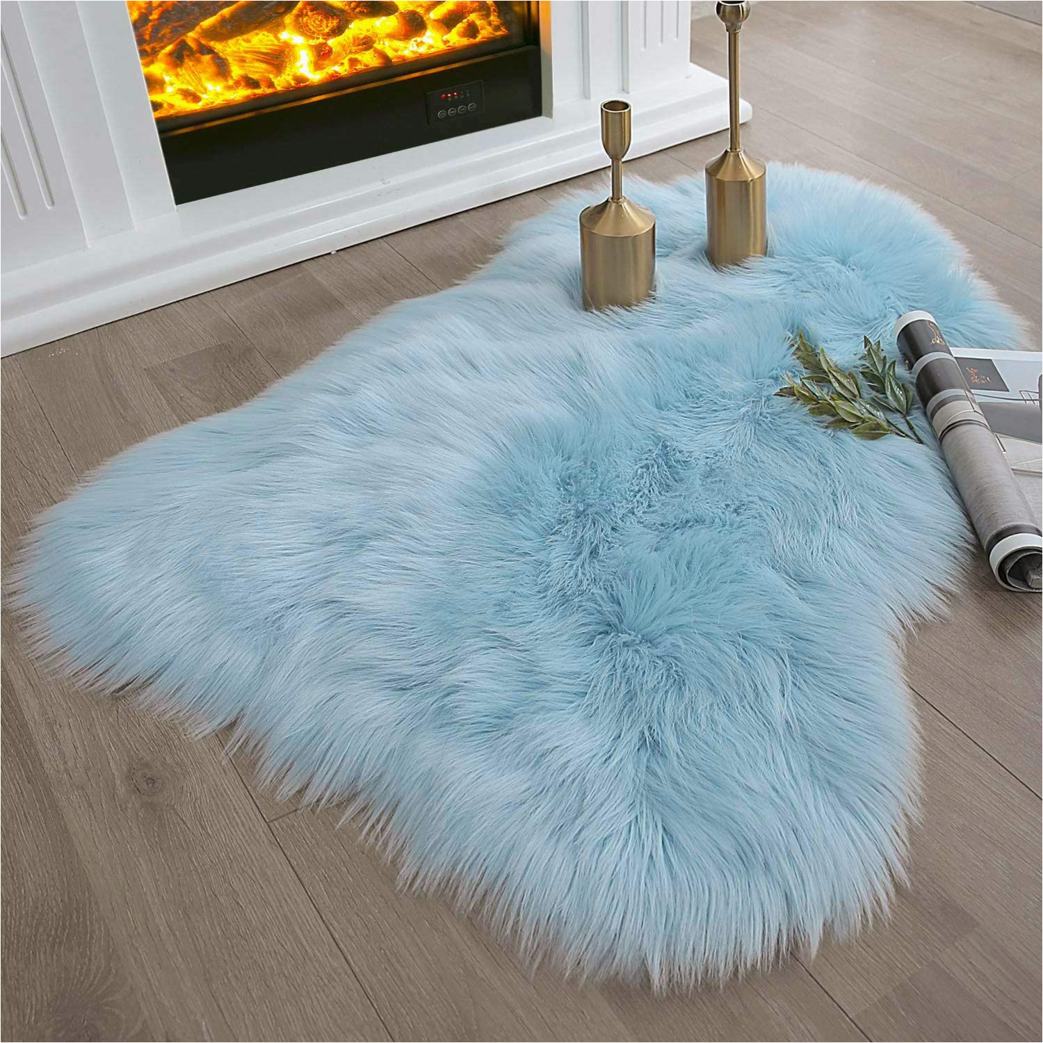 Baby Blue Fur Rug ashler soft Faux Sheepskin Fur Chair Couch Cover Light Blue area …