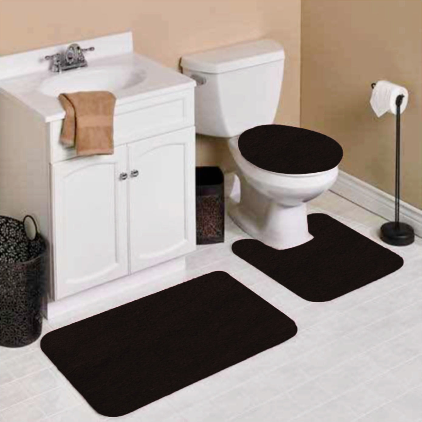 Bath Rugs and Lid Covers 3pc 5 Black Banded Bathroom Set Bath Mat Countour Rug Lid Cover Plain solid Colors
