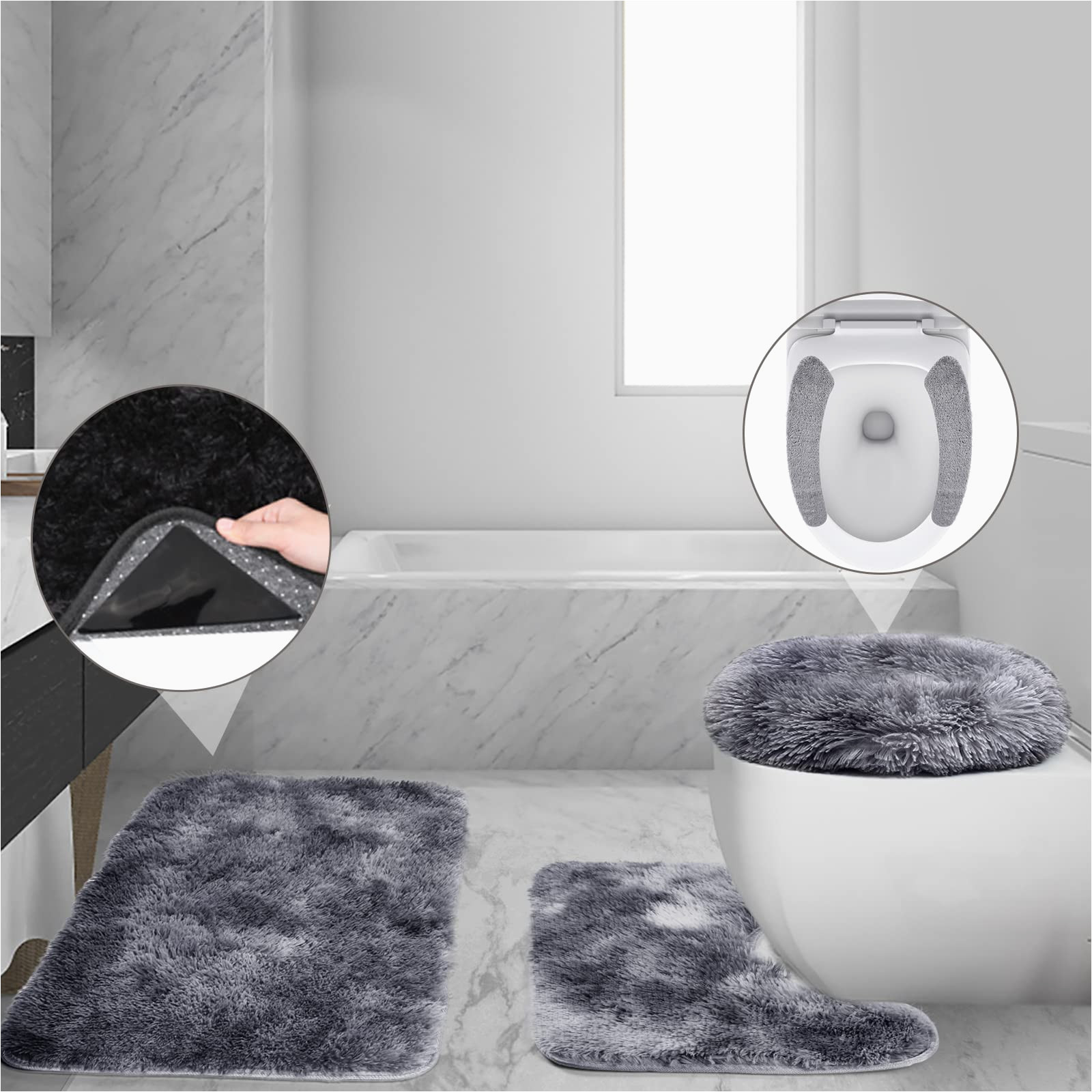 Bath Rugs and Lid Covers 4 Pcs Bath Rugs Set, Bathroom Rug   Contour Mat toilet Lid Cover Seat Pads, soft Microfiber Water Absorbent & Non-slip Rug, 2pcs Reusable Pads as …