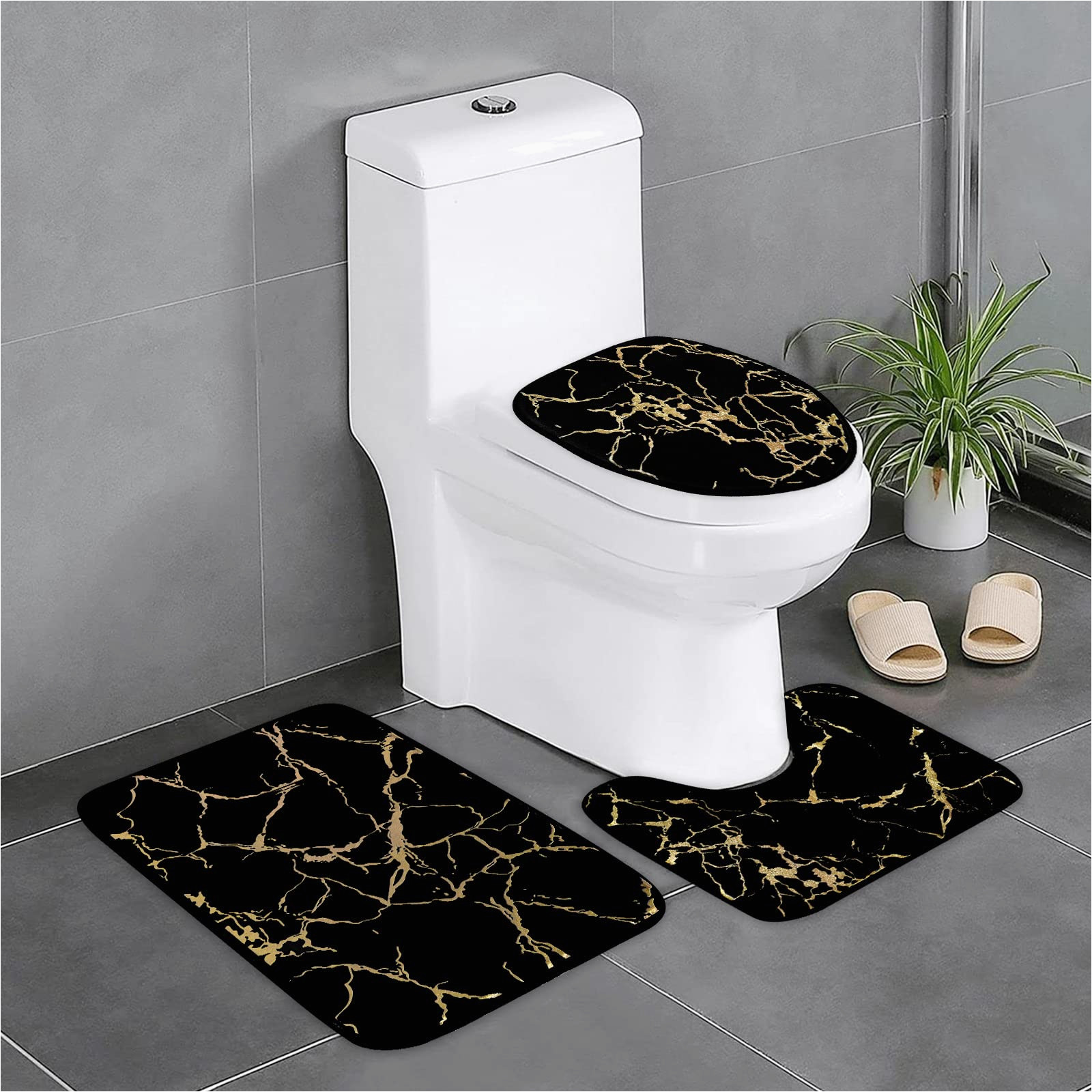 Bath Rugs and Lid Covers Alishomtll Black Marble Bathroom Rugs Sets 3 Piece with Non-slip Rug, toilet Lid Cover and Bath Mat, Gold Bathroom Rugs and Mats Sets, Modern Bath …