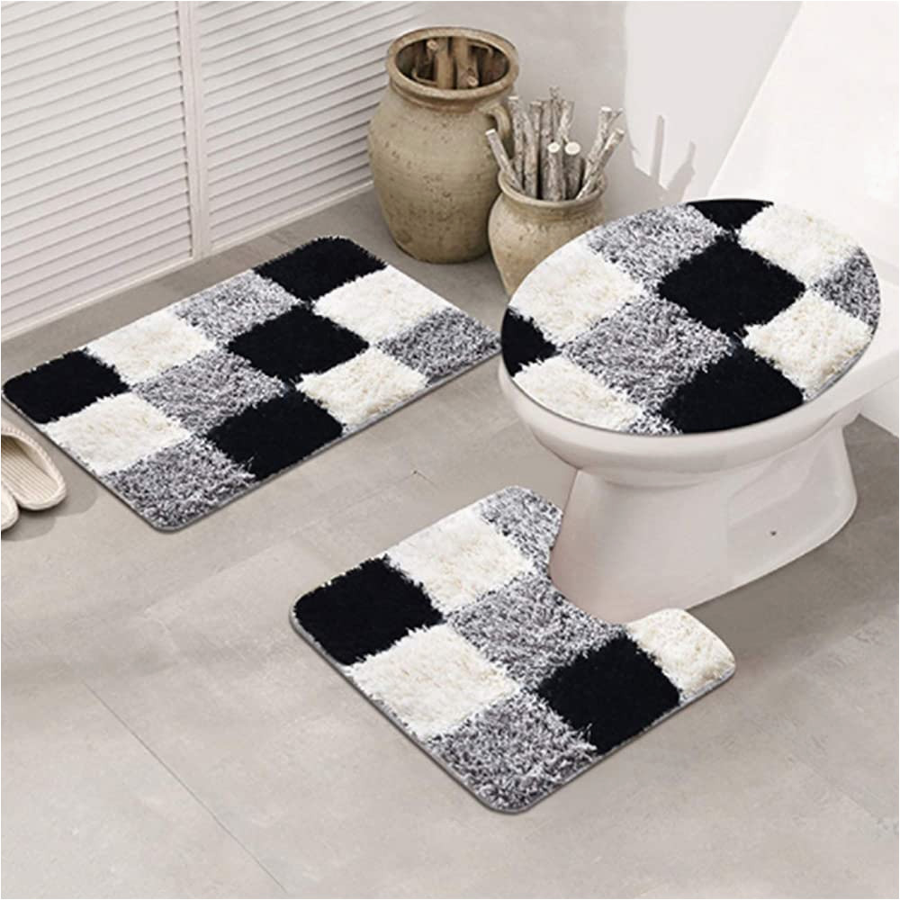 Bath Rugs and Lid Covers Xuanmuque 3 Pack Bathroom toilet Rug Set, Luxury soft Microfiber Shaggy Non Slip Plaid Bath Mat Carpet Set for Bathroom U-shaped Contour Rug, Bath Mat …