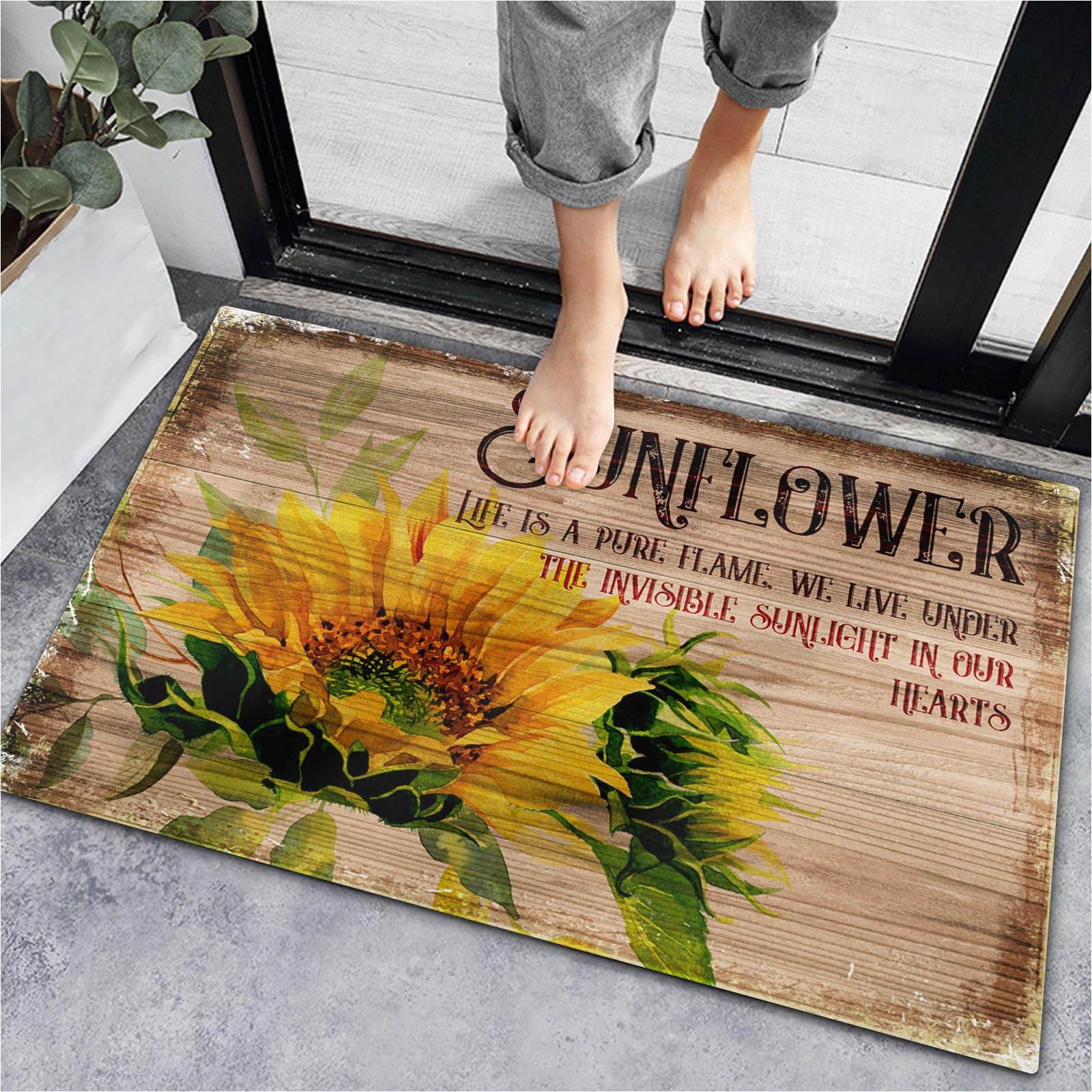 Bath Rugs with Sayings Segard Quote Sayings with Vintage Rustic Sunflower Door Mat, Non-slip Bath Rugs Welcome Entrance Doormat Thin Floor Mats Primitive Old Wood Plank Rug …
