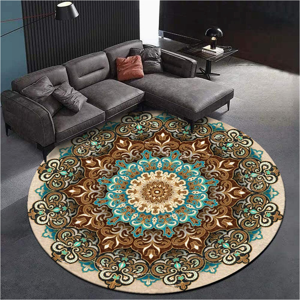 Blue and Brown Rugs Amazon Zijiage Round Rugs, Blue Brown Mandala Flower Rug for Bedroom, Living Room, Children’s Room, Boys and Girls, Indoor Home Decorative, C, 40 Cm Diameter