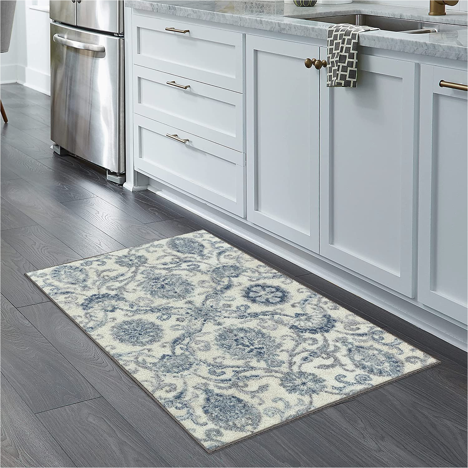 Blue and Gray Kitchen Rugs Maples Rugs Blooming Damask Kitchen Rug, Non-slip Accent area Rug …