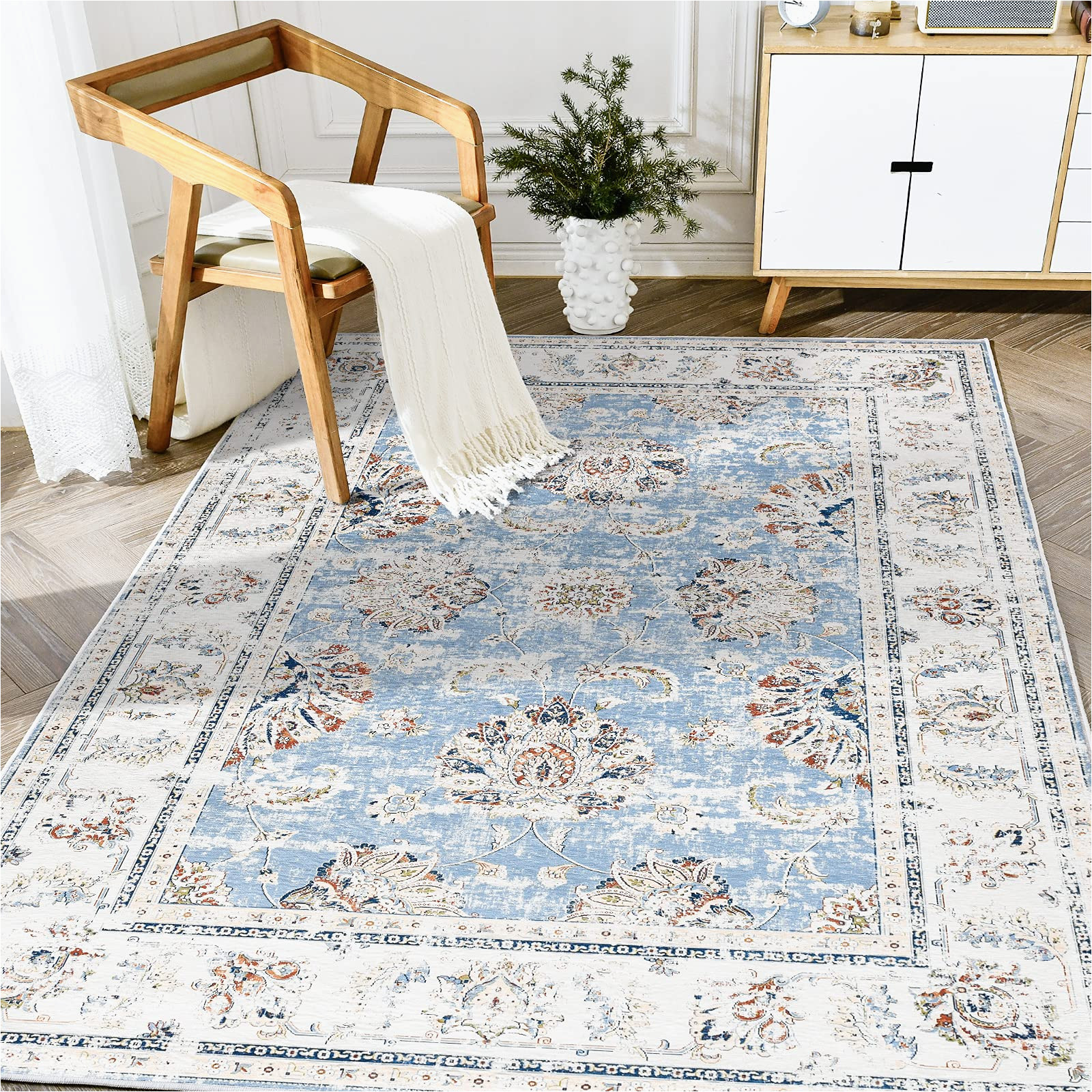 Cheap 3 X 5 area Rugs Jinchan area Rug 3×5 Entryway Blue Persian Rug Kitchen Vintage Rug Floral Print Floor Cover Indoor Thin Rug Foldable Mat Retro Accent Rug Bathroom …