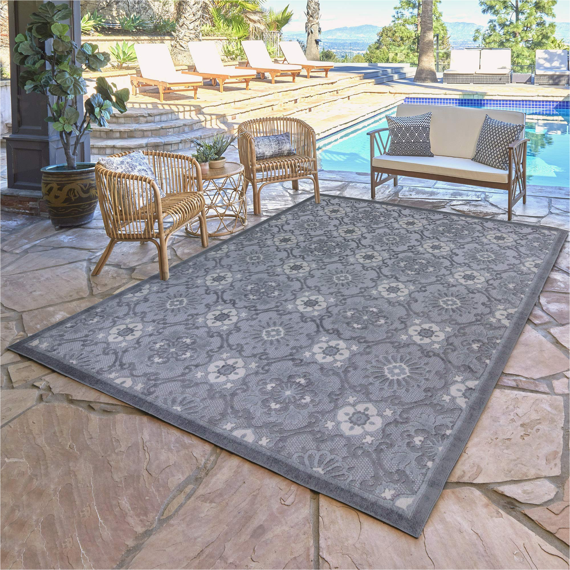Elements Indoor Outdoor Citra Medallion area Rug Gertmenian 22431 Indoor Outdoor Rug Textured Outside Patio Textural Carpet, 9×13 Extra Large, Abstract Floral Medallion Gray