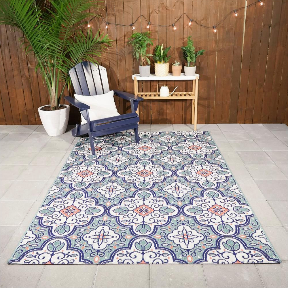 Elements Indoor Outdoor Citra Medallion area Rug Hampton Bay Star Moroccan Teal/white 8 Ft. X 10 Ft. Floral Indoor …