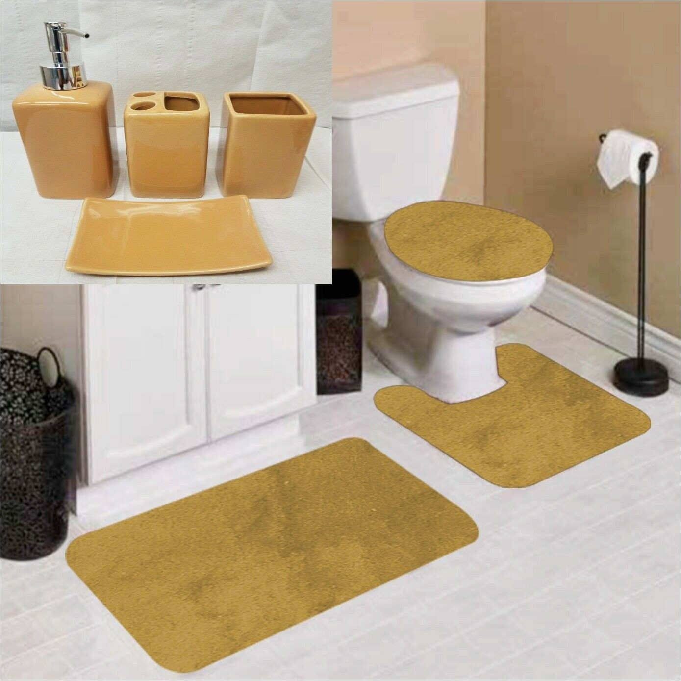 Gold Colored Bath Rugs New Complete Bathroom Set #6 7pc Gold Non Slip soft Chenille Bath Rug with 4pc Ceramic Accesories Set for Bathroom 1 U-shape Contour Rug, 1 Mat and 1 …