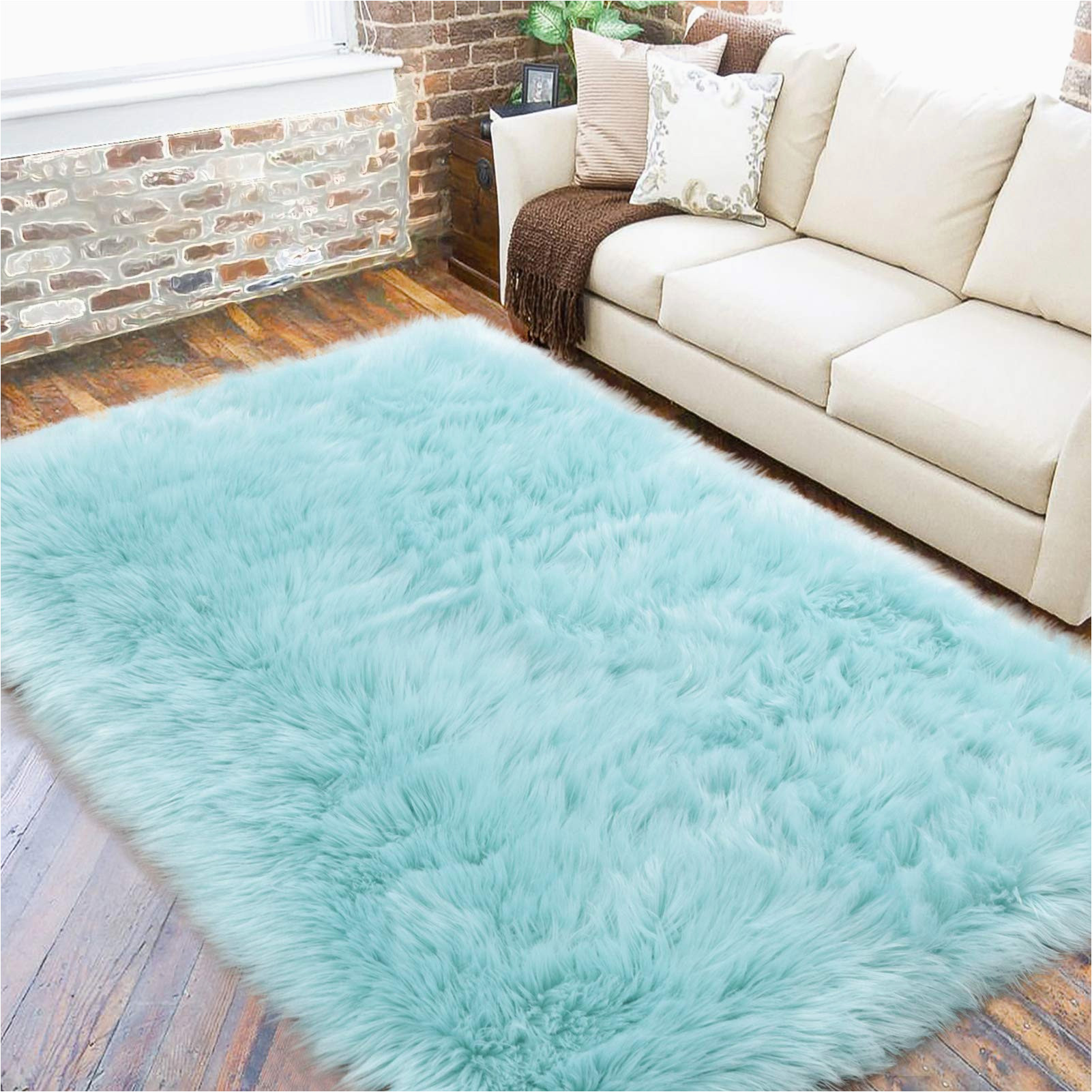 Light Blue Fluffy Rug Lochas Ultra soft Fluffy Rugs Faux Fur Sheepskin area Rug for Bedroom Bedside Living Room Carpet Nursery Washable Floor Carpets, 3×5 Feet Light Blue